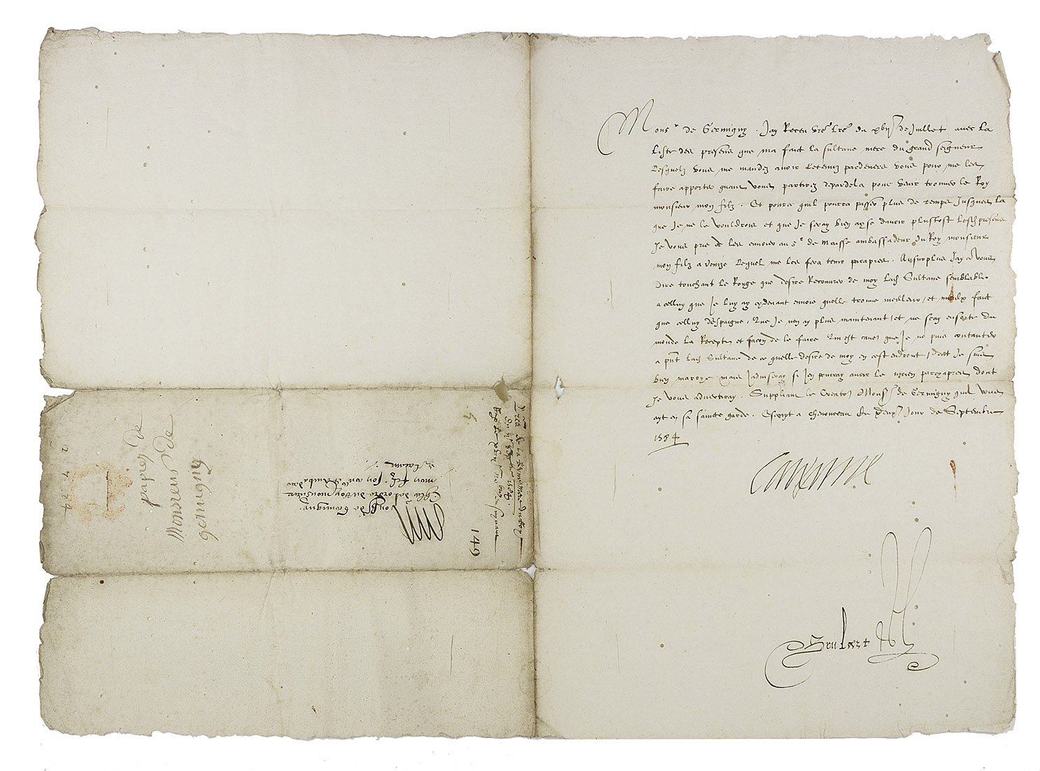 [LETTER - SIGNED]. MEDICI, Catherine de'. - [Letter to Jacques de Germigny in Constantinople (Istanbul)].Chenonceaux, 2 September 1584. Folio (34 x 24 cm). Signed letter in French, in brown ink on paper, written in a clear gothic hand. Folded for sending and addressed on the outside, with a slot for a ribbon and traces of a red wax seal.