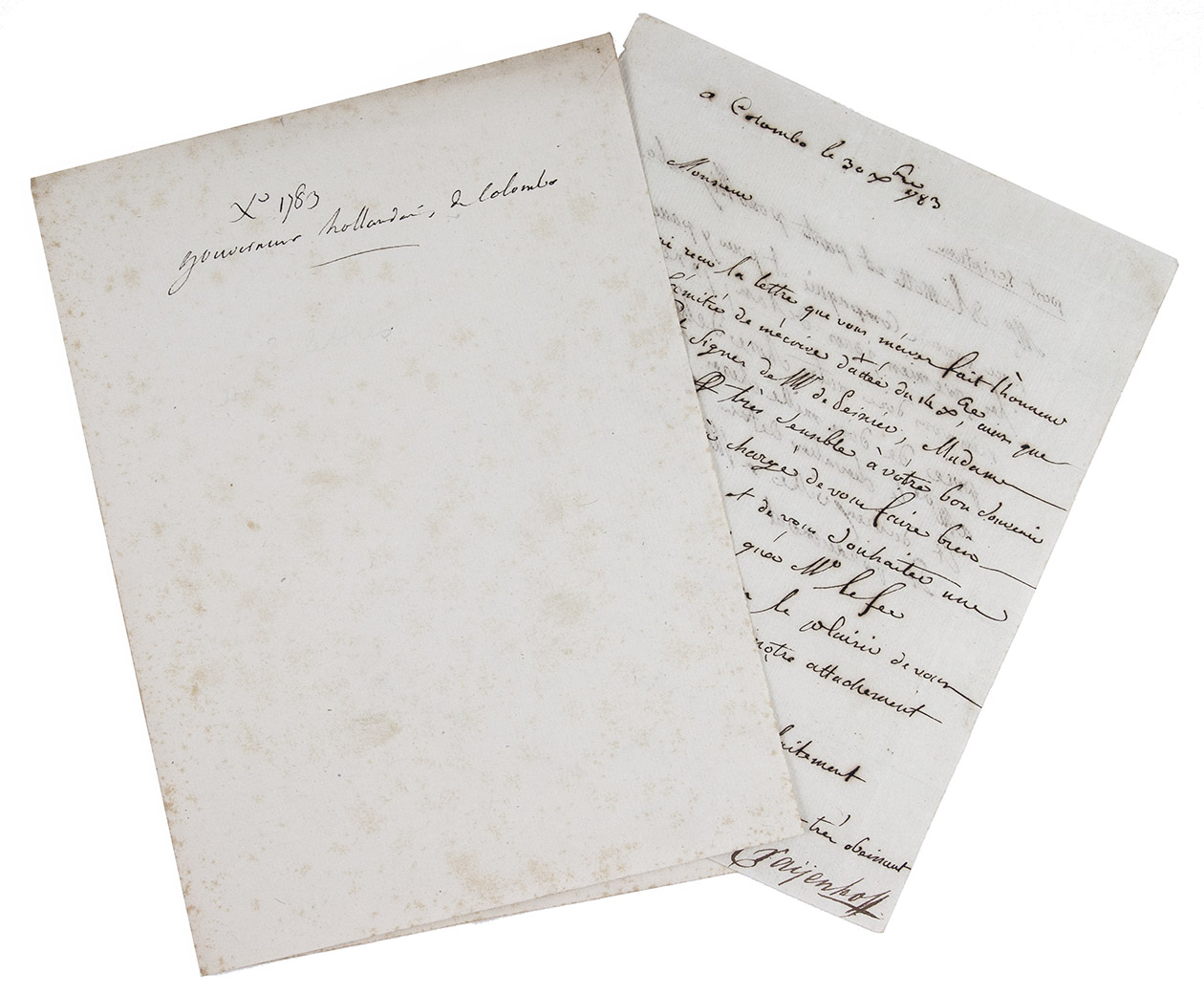 [AUTOGRAPH]. KRAYENHOFF, Cornelis Dionysius. - [Letter to Thomas de Saint Laurent]. Colombo, Ceylon (Sri Lanka), 30 December 1783. 4to (2117 cm). Autograph letter in French, signed, written in dark brown ink on paper in a Latin hand. In a later paper folder.