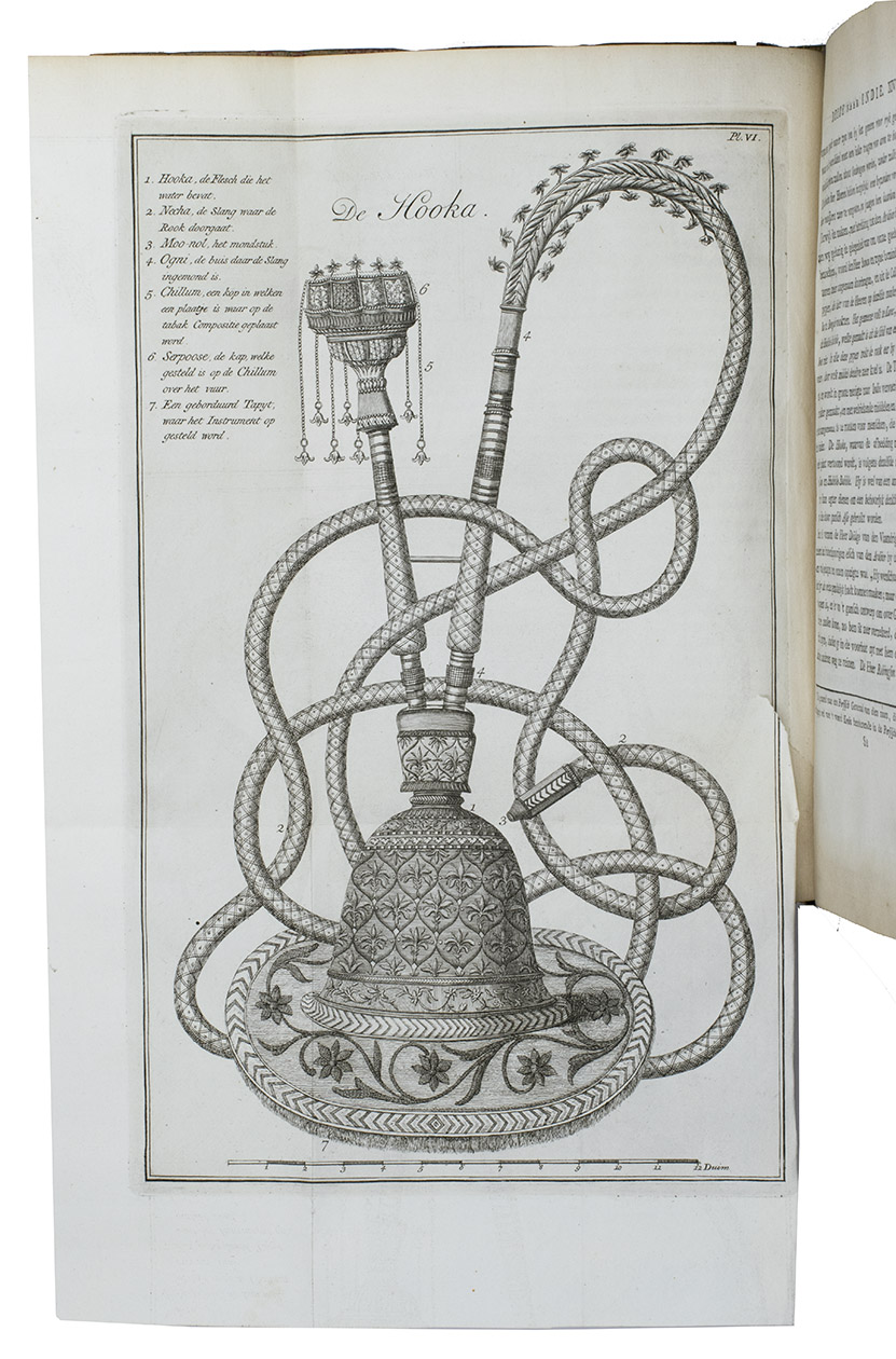 IVES, Edward. - Reize naar Oost-Indi en Persi, en de daar omliggende landen. Ondernomen langs een' ongewoonen weg.Amsterdam, De Compagnie, 1779. 2 volumes bound as 1. 4to. With 2 engraved title-pages, 2 folding engraved maps, one of India (44 x 51 cm), the other tracking Ives's journey from Basra to Latakia (ca. 42 x 56 cm), and 9 engraved plates (including 1 large folding). Early 20th-century boards.