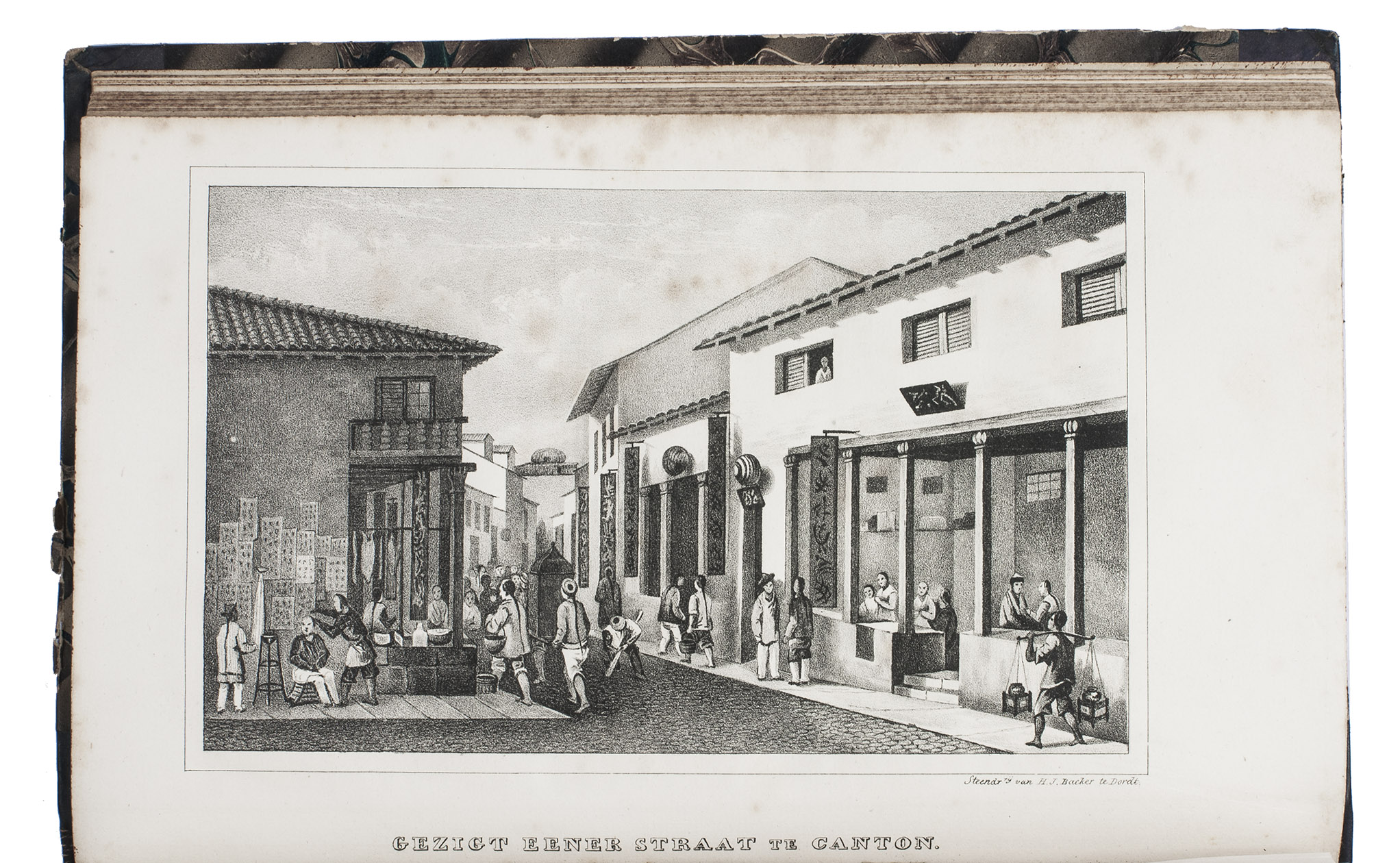 LAPLACE, Cyrille Pire Thodore. - Reis rondom de wereld door de zeen van Indi en China; . . .Zaltbommel, Johannes Noman and sons, 1834-1836. 7 volumes bound as 3. 8vo. Each volume with a lithographed title-page, each with a different topographic view, folding engraved map tracking Laplace's journey, 13 lithographed plates (7 folding). Near contemporary uniform blue-black half calf, gold- and blind-tooled spines.