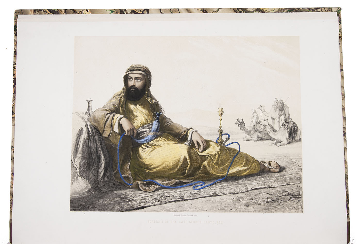 PRISSE D'AVENNES, Achille Constant Thodore mile. - Oriental album. Characters, costumes, and modes of life, in the valley of the Nile. London, James Madden, 1848. Imperial folio (52.5 x 37.5  cm). With an additional decorative title-page, separately chromolithographed in black, gold and 7 colours, tinted and hand-coloured lithographed frontispiece portrait of the dedicatee, and 30 tinted and hand-coloured lithographs. Numerous wood-engraved illustrations in the text. Modern half calf, richly gold-tooled spine.