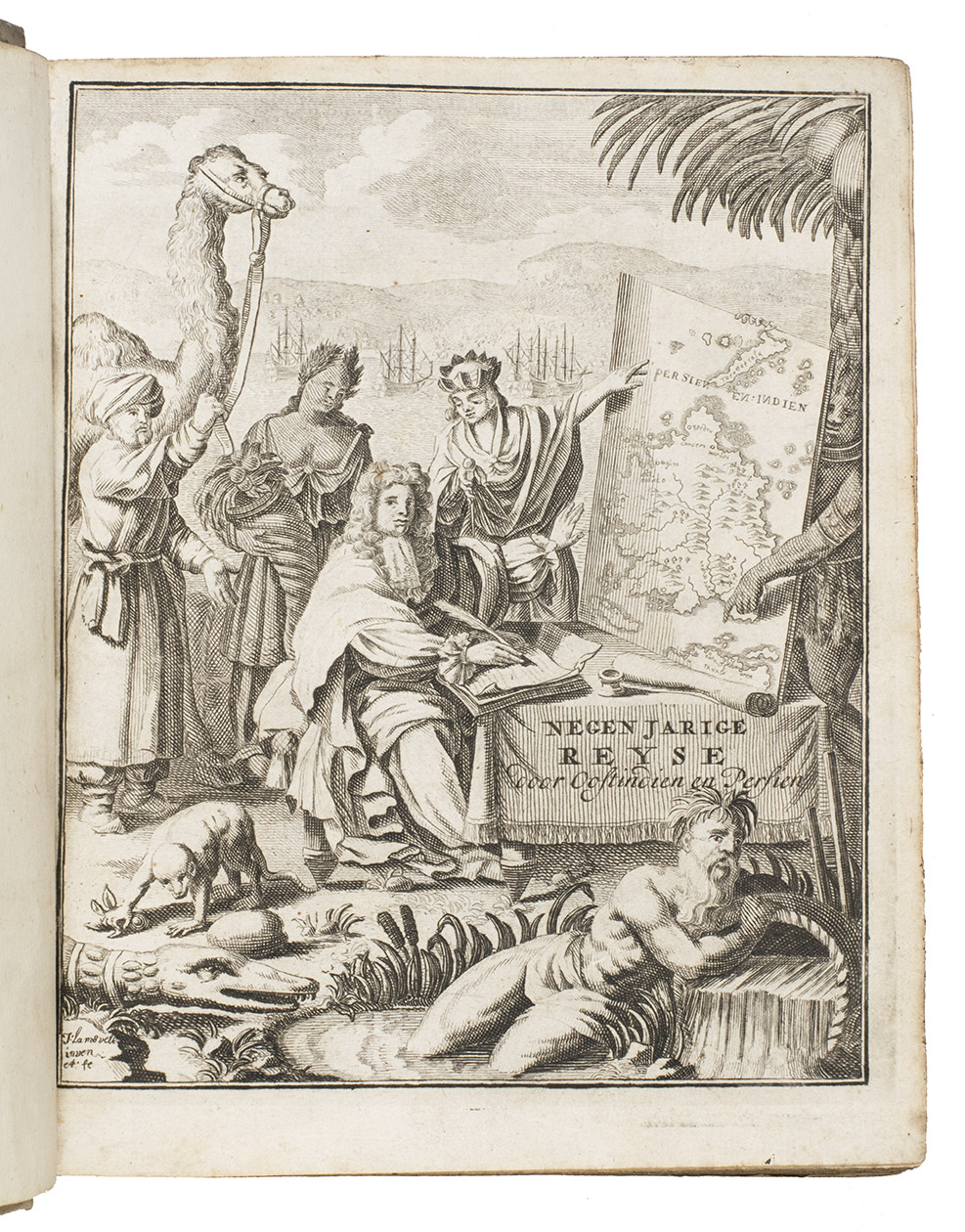 FRYER (FREYER), John. - Negenjaarige reyse door Oostindien en Persien, ... Begonnen met den jaare 1672 en geeyndigt met den jaare 1681.The Hague, Abraham de Hondt, Jacobus van Ellinkhuysen and Meyndert Uytwerf, 1700. 4to. With engraved frontispiece, engraved author's portrait, 3 folding engraved maps, 7 folding engraved views and other plates, and several woodcut illustrations in text. Contemporary vellum.