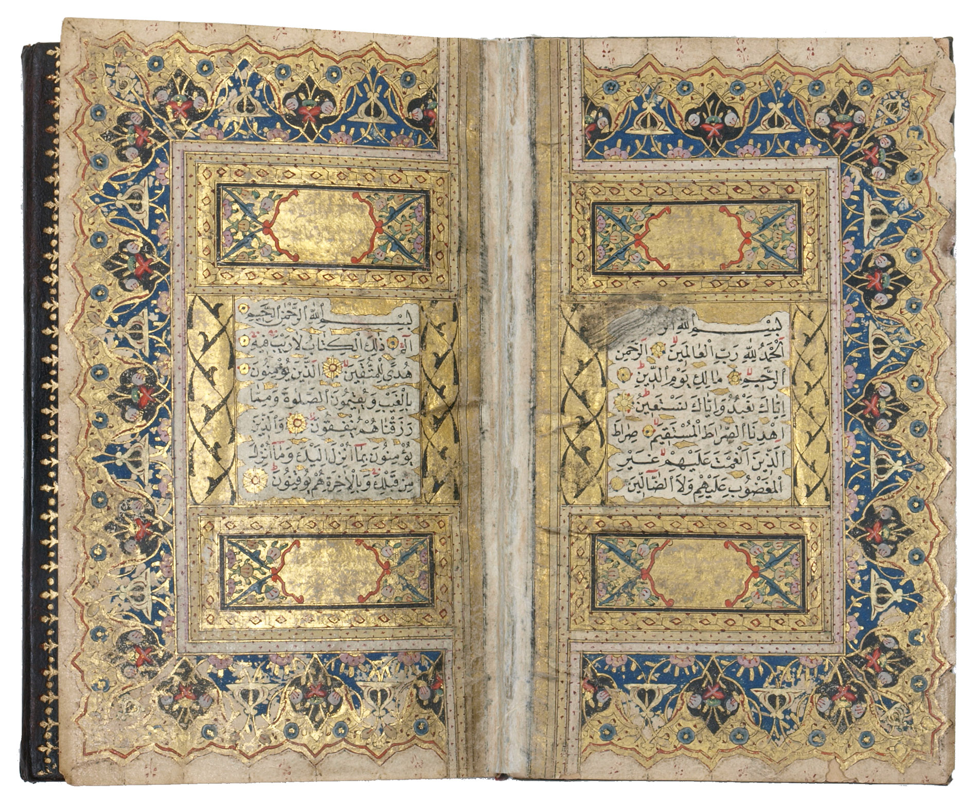 [QURAN - MANUSCRIPT]. - [A splendid illuminated Quran manuscript].Iran, AH 1204 [= 1783 AD]. 8vo (15 x 9 cm) Illuminated Arabic manuscript on paper, 19 lines per page, written in a neat naskh script in black ink with diacritics in red, margins ruled in gold and colours. Gold discs or florets between verses, sura headings written in white in gold cartouches flanked by panels with alternating floral motifs in gold and various colours. Brown morocco with a flap and gold-tooled borders and central ornaments.
