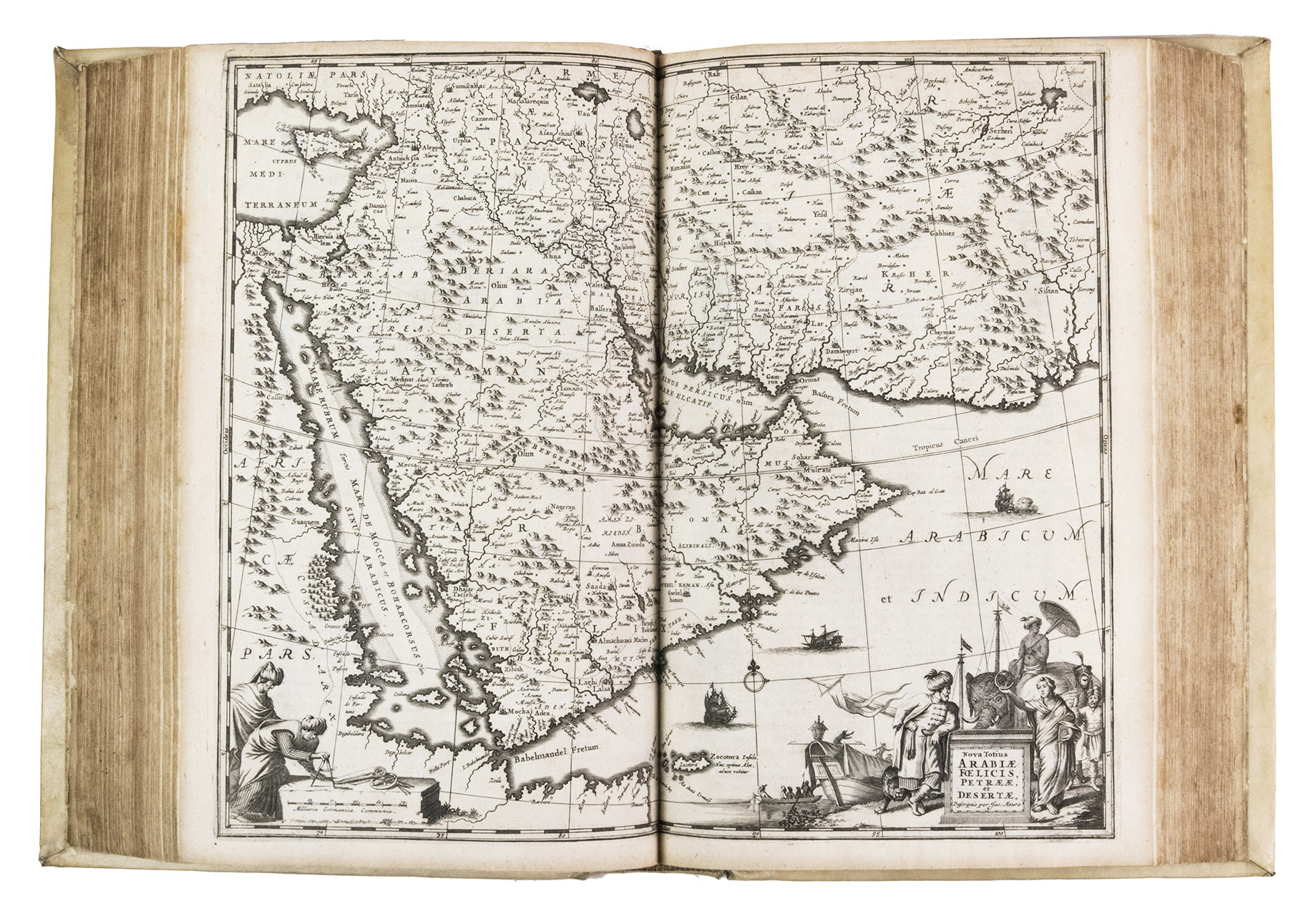 DAPPER, Olfert. - Naukeurige beschryving van Asie: behelsende de gewesten van Mesopotamie, Babylonie, Assyrie, Anatolie, of Klein Asie: beneffens eene volkome beschrijving van gantsch gelukkigh, woest, en petreesch of steenigh Arabie. Vertoont in een bondigh ontwerp van 's lands benamingen, bepalingen, . . . inzonderheit die van d'oude Arabieren, Mahomet en Mahometanen.Amsterdam, Jacob van Meurs, 1680. Folio. With engraved frontispiece, 3 double-page maps (of Basra and surroundings, Anatolia and the Arabian Peninsula), 12 double-page or folding views (partly drawn by Charles Vasteau). Near contemporary blind-stamped vellum.