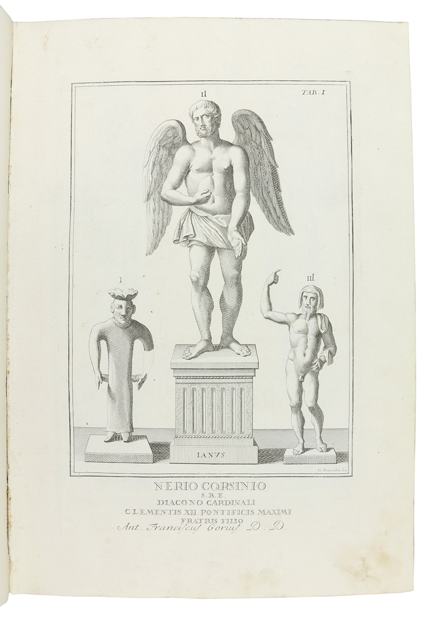 GORI, Antonio Francesco. - Museum Etruscum exhibens insignia veterum Etruscorum monumenta aereis tabulis CC. nunc privum edita et illustratum.Florence, Gaetano Albizzini, 1737. Volume 1 and 2. Folio (27.5 x 37.5 cm). With engraved plates (12 folding), and 1 folding plate with Etruscan script. Contemporary vellum.