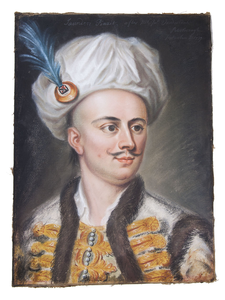 [DRAWING]. SAUNDERS, John. - [John Sturges in Turkish costume with turban and gold-trimmed coat].Peterborough, 1739. Pastel on paper, mounted on canvas (41 x 30.5 cm), stretched over (original?) wooden board.
