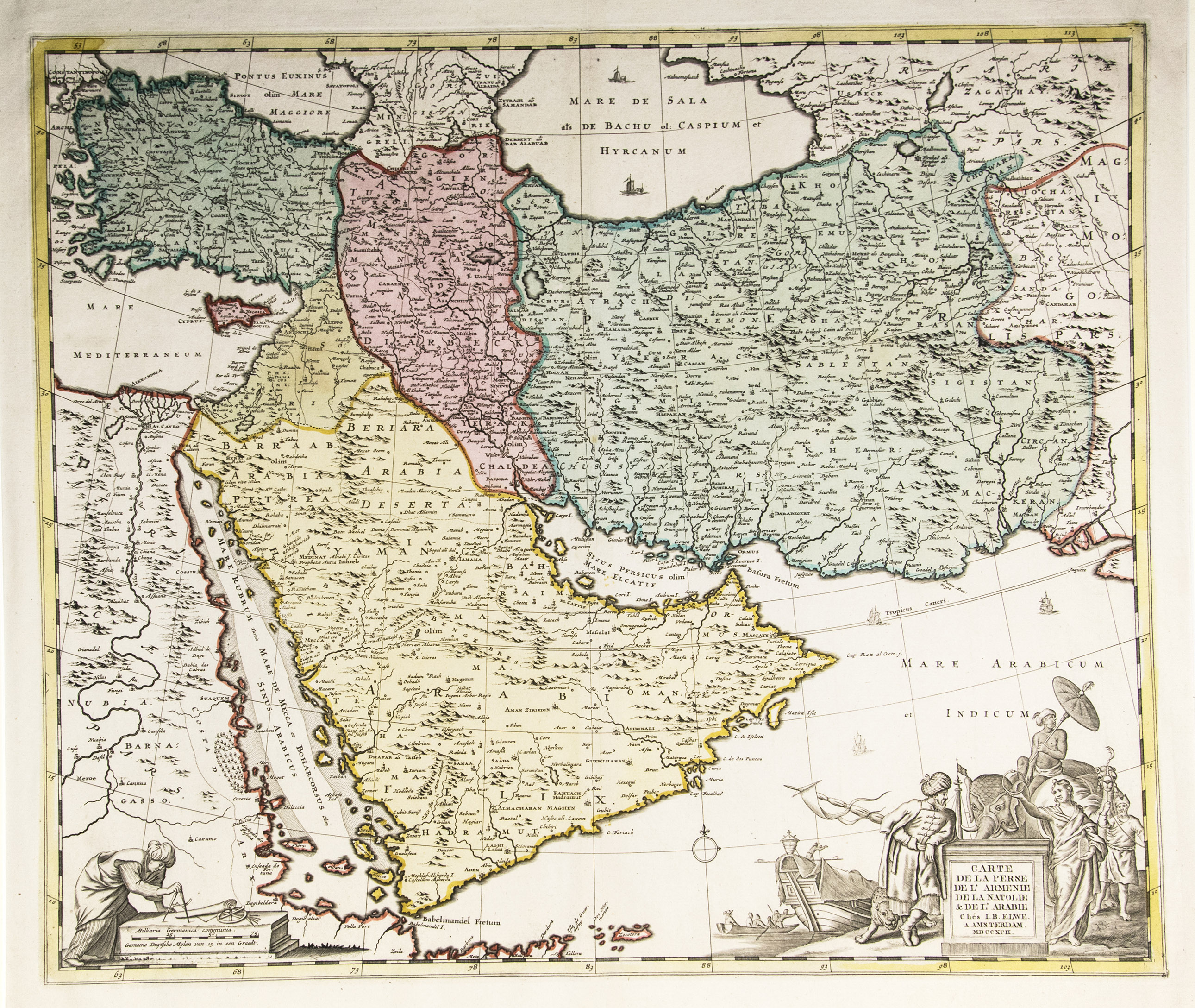 ELWE, Jan - Carte de la Perse de L'Armenie de la Natolie & de L'Arabia.Amsterdam, Jan Elwe, 1792 Hand-coloured engraved map (56 x 49 cm). Matted.