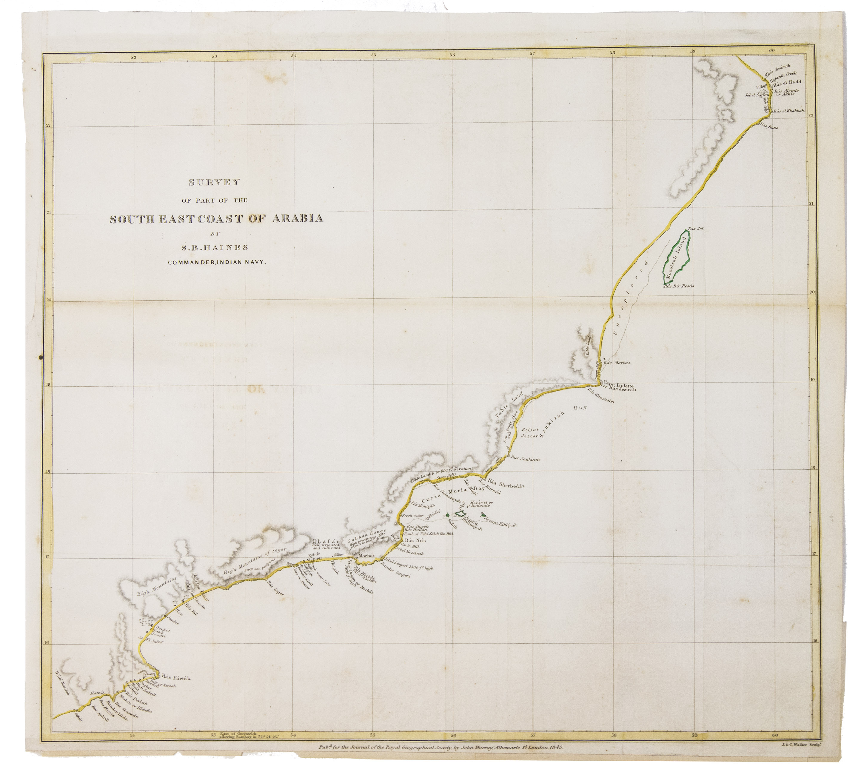 HAINES, Stafford Bettesworth. - Survey of part of the south east coast of Arabia.London, The Royal Geographical Society, 1845. Engraved map (36 x 30 cm), hand-coloured in outline.
