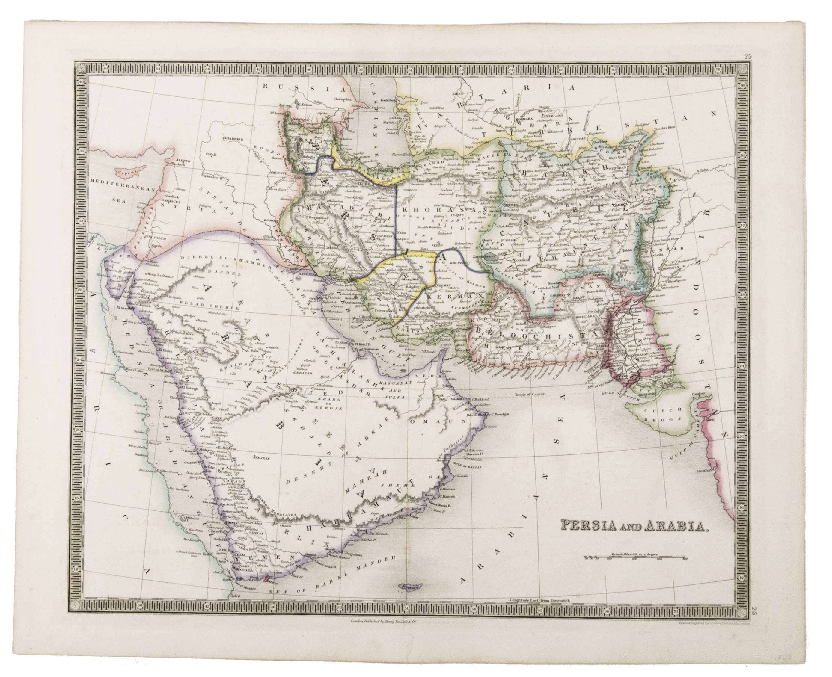 TEESDALE, Henry. - Persia and Arabia.London, 1847. Engraved map (41 x 33 cm), hand-coloured in outline.