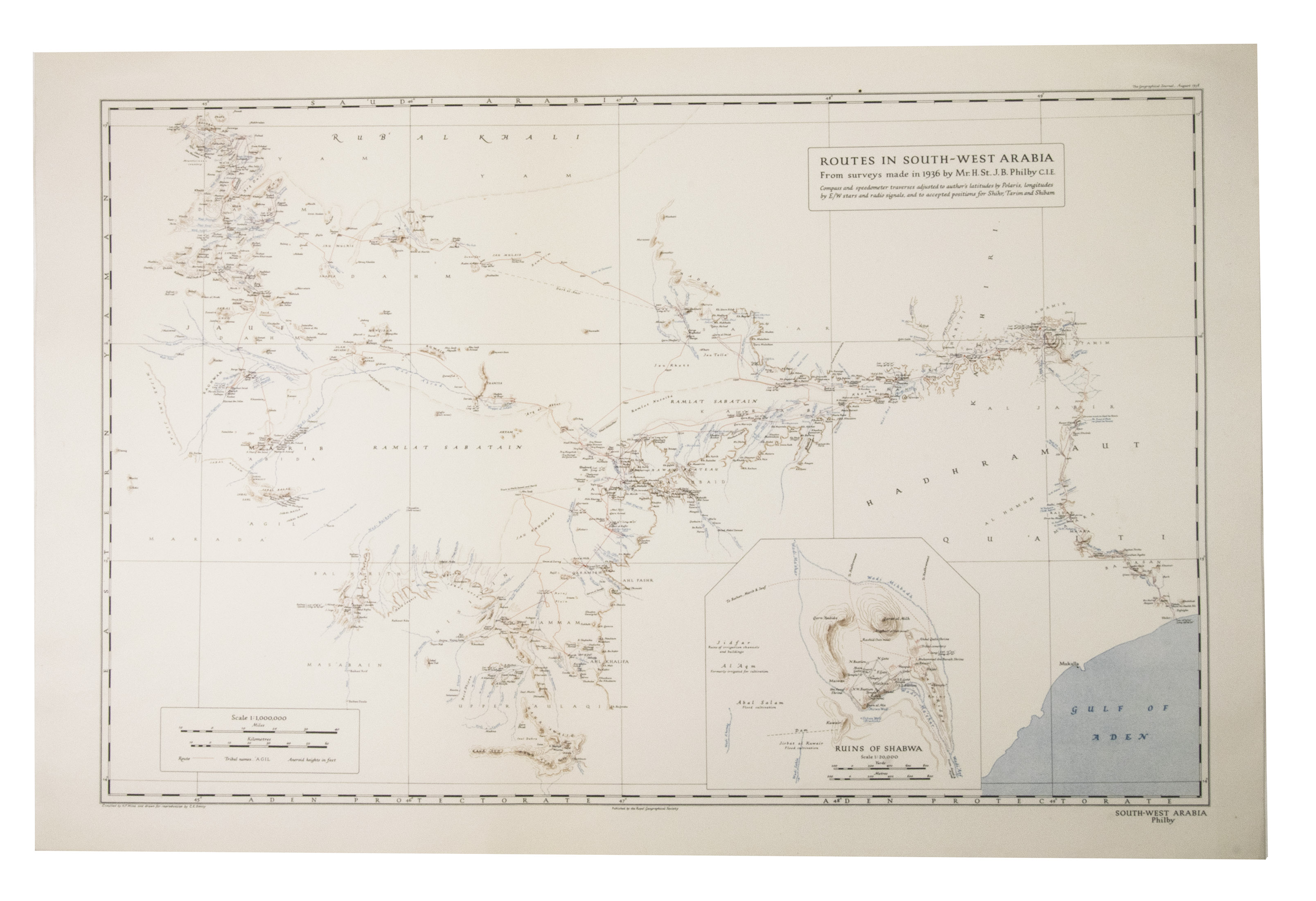 PHILBY, Harry St John Bridger. - Routes in South West Arabia. From surveys made by J. B. Philby.London, 1938. Colour-printed map (56 x 36 cm)
