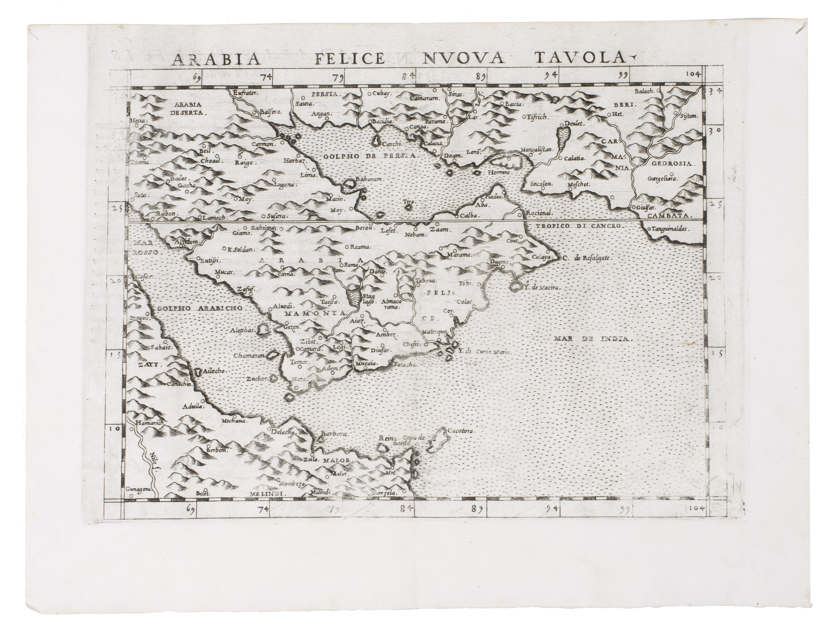 RUSCELLI, Girolamo. - Arabia Felice nuova tavola. Venice, Vincenzo Valgrisi, [ca. 1561].  Engraved map. 190 x 260 mm.