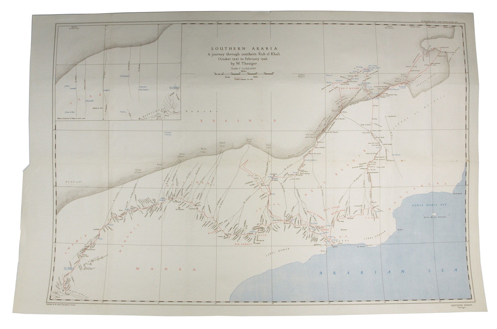 THESIGER, W. - Southern Arabia a journey through southern Rub el Khali October 1945 to February 1946. London, 1946. Colour-printed map (66 x 46 cm).