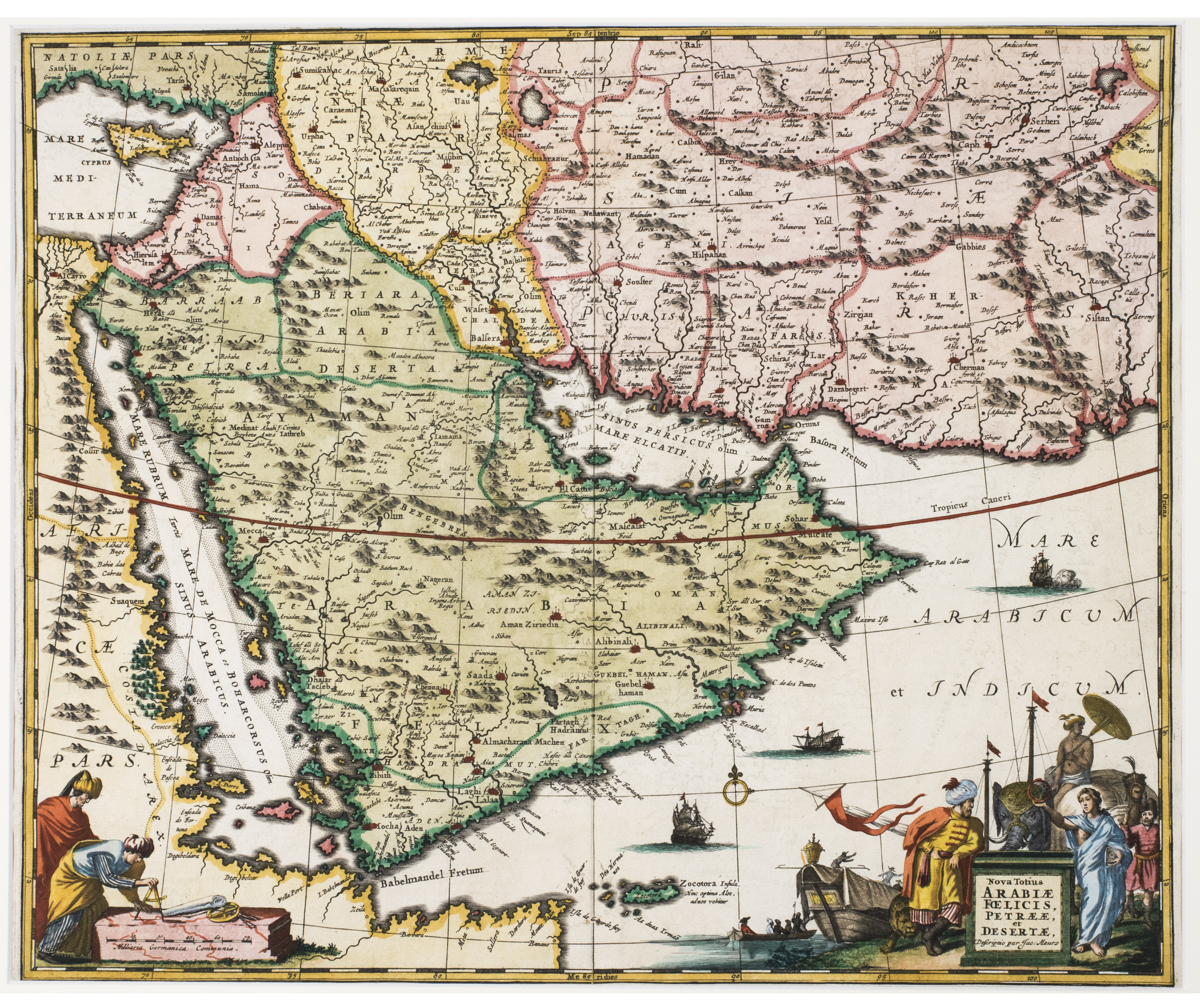 MEURS, Jacob van. - Nova totius Arabiae Foelicis, Petraeae, et Desertae.[Amsterdam, ca. 1680].  Engraved map (30 x 35 cm), contemporarily hand-coloured. Matted.