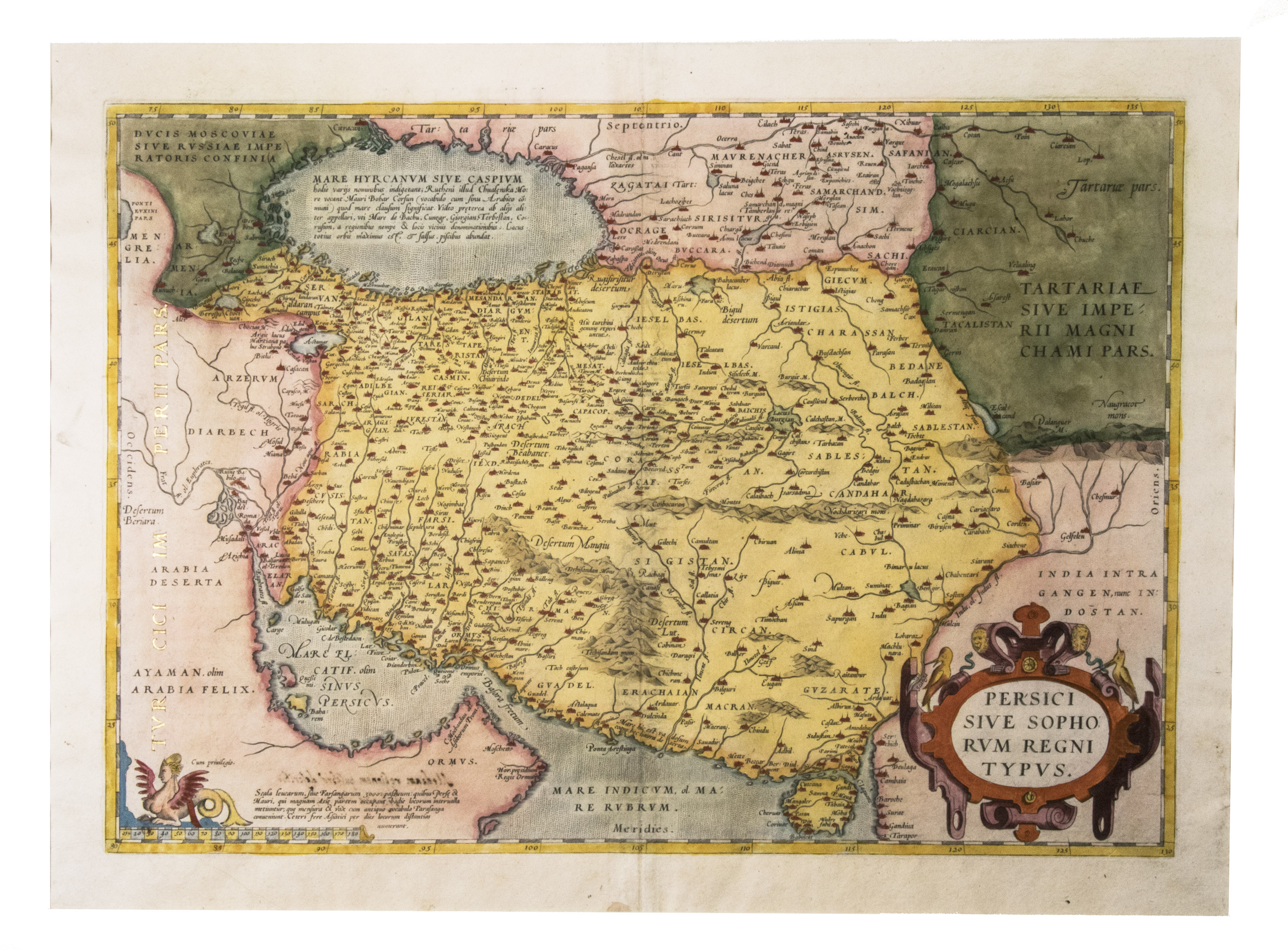 ORTELIUS, Abraham. - Persici sive Sophorum Regni Typus.Antwerp, Christoph Plantin, 1574. Engraved map (35 x 50 cm), in contemporary hand-colouring and highlighted in gold. Scale 1:9,000,000.