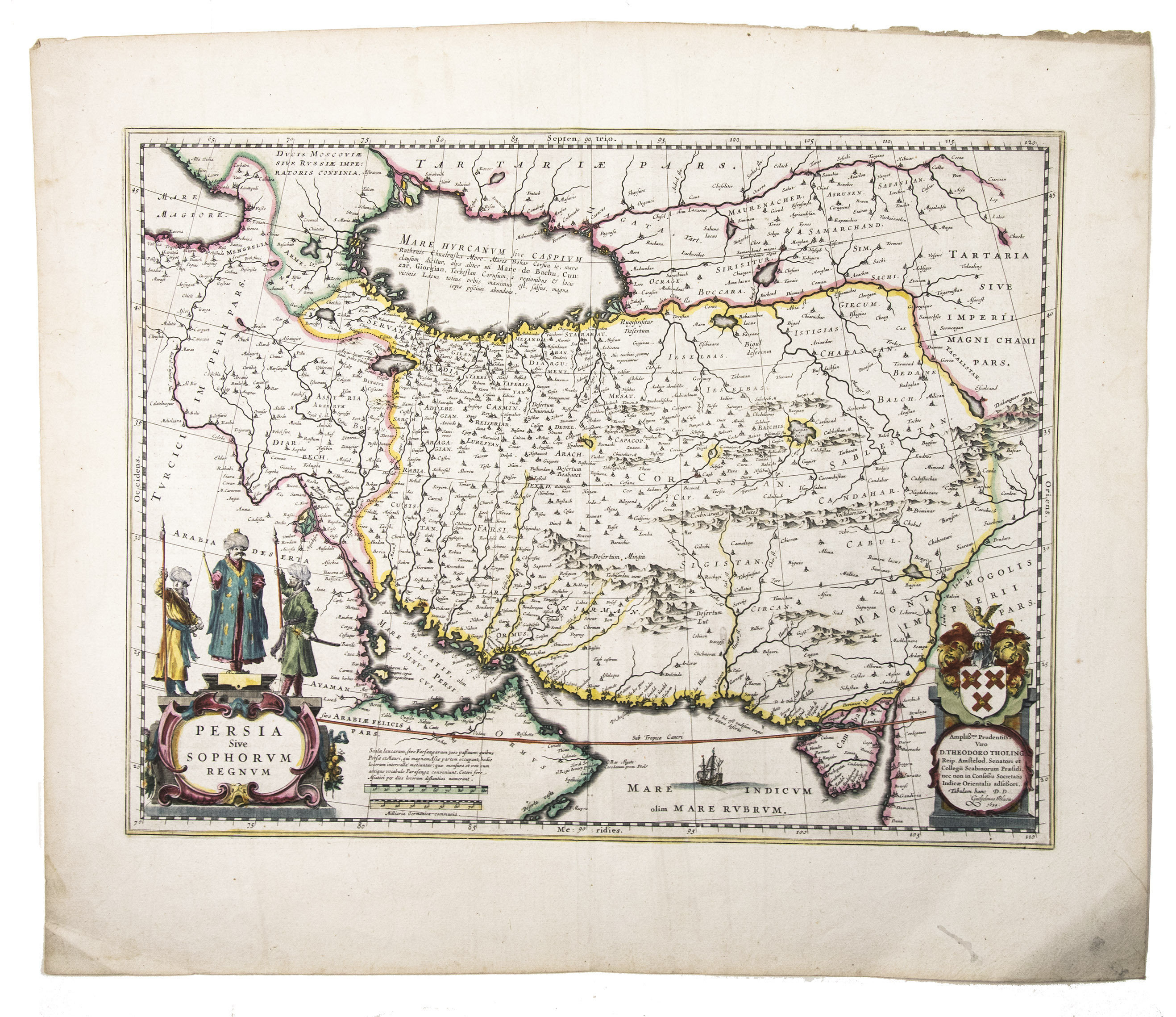 BLAEU, Willem Janszoon. - Persia sive Sophorum Regnum.Amsterdam, 1642. Engraved map (38 x 49,5 cm), in contemporary hand-colouring. Scale 1:9,000,000.