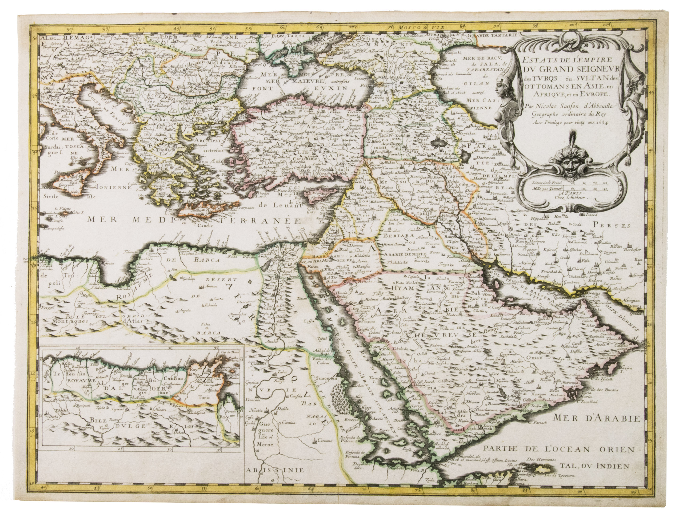 SANSON, Nicolas. - Estats de L'Empire du Grand Seigneur des Turqs ou Sultan des Ottomans en Asie, en Afrique, et en Europe.Paris, 1654. Engraved map (42 x 56 cm), coloured in outline.
