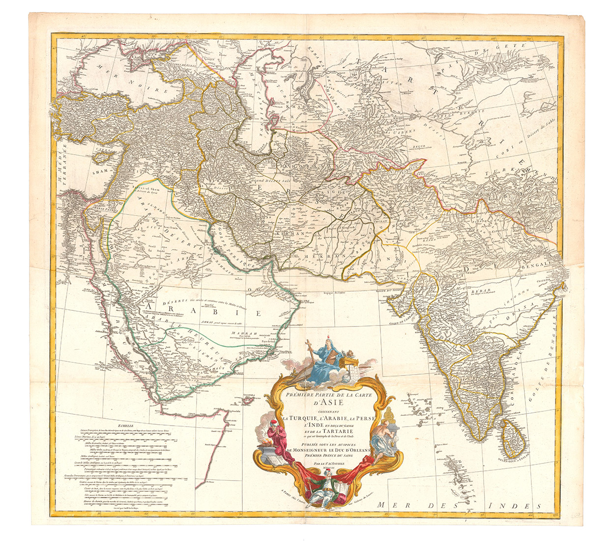 ANVILLE, Jean Baptiste Bourguignon d'. - Premier Partie de la Carte d' Asie, contenant La Turquie, L'Arabie, La Perse, L'Inde en dea du Gange et de la Tartarie ce qui est limitrophe de la Pers et du Gange.Paris, 1751 Engraved map on two sheets (75 x 79 cm), with hand-coloured cartouche and coloured in outline.