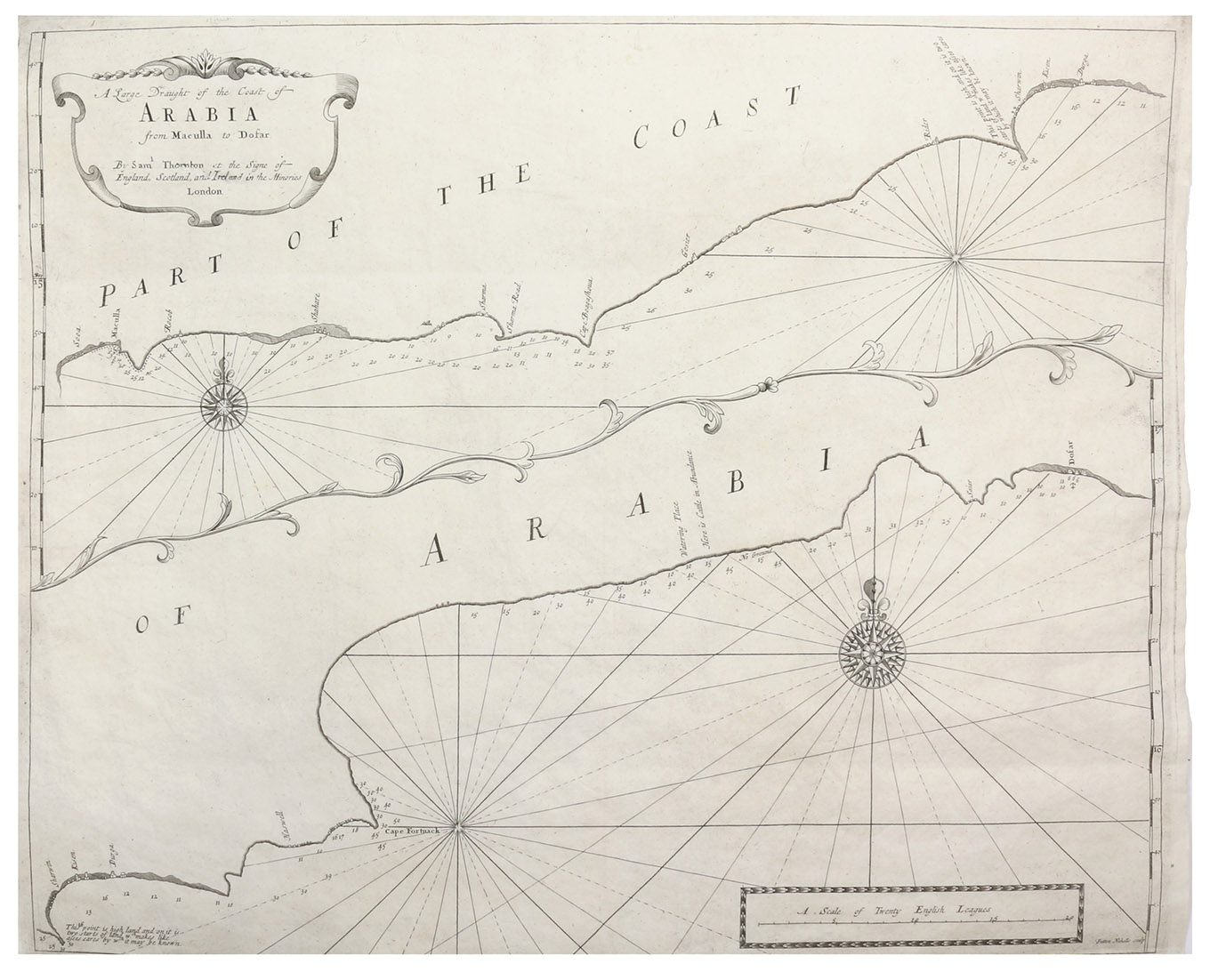 [THORNTON, John]. - A large draught of the coast of Arabia from Maculla to Dofar. By Sam.l Thornton at the signe of England, Scotland, and Ireland, in the Minories London.London, Samuel Thornton, [1711]. Engraved map (43 x 53 cm), hand-coloured in outline.