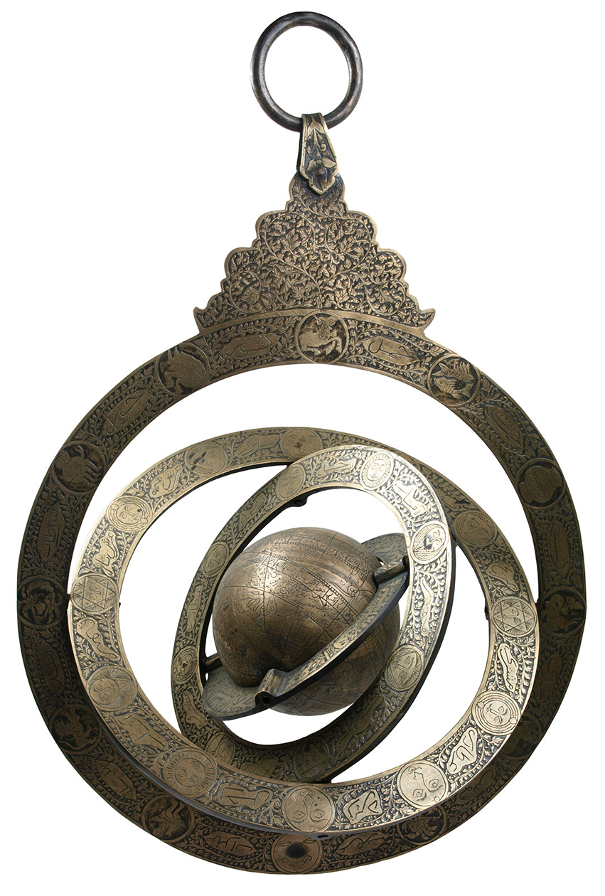 [ARMILLARY SPHERE]. - [Rotating celestial globe, bordered by four pivotable concentric rings, the uppermost with ornamental mount].Arabic, 1125 AH (1713 CE). 53 cm. Engraved and etched gilt brass with lettering in Arabic. Total height from ring to base: 53 cm.