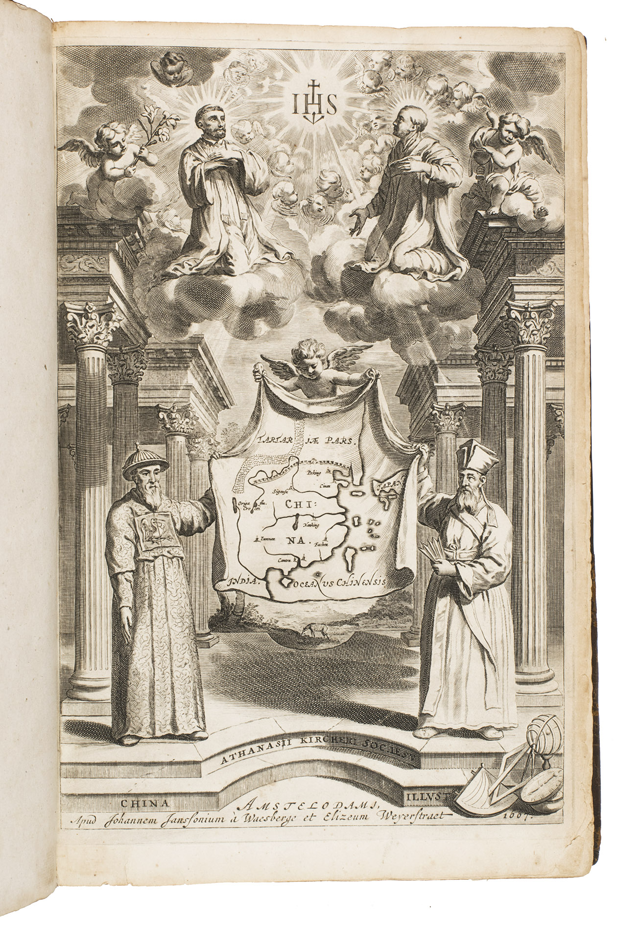 KIRCHER, Athanasius. - Tooneel van China. Amsterdam, Johannes Janssonius van Waesberge and the widow of Elizaeus Weyerstraten, 1668. Folio. With engraved frontispiece, engraved author's portrait, 24 engraved plates (including 2 double-page maps and 1 folding plate) and 60 engraved illustrations in text (plus another copy on a separate leaf, without letterpress text, of the engraving on 2F3v). Including maps of China and Asia, traditional Chinese costumes, illustrations of the Chinese and the Mughal rulers in abundantly decorated rooms, linguistic illustrations, zoological illustrations, etc. Contemporary gold-tooled calf, later endpapers (re-cased).