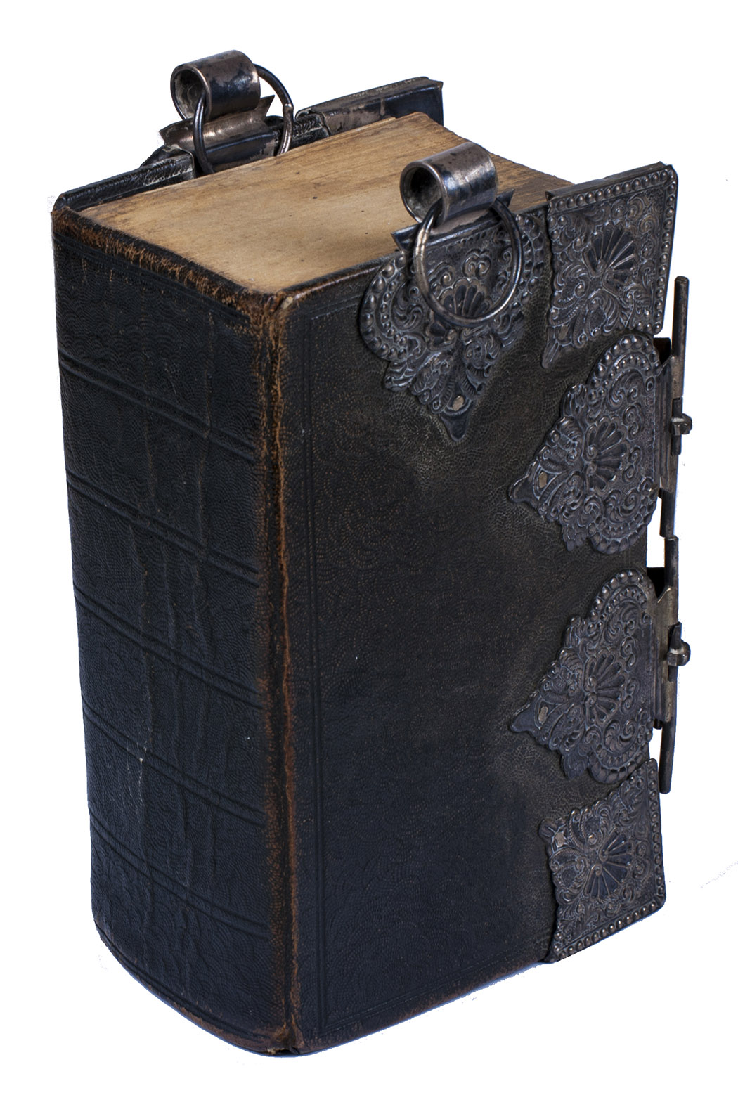 [BIBLE - OLD TESTAMENT - DUTCH]. - Biblia, dat is de gantsche Heylige Schrifture, vervattende alle de canonycke boecken des ouden ende des nieuwen testaments. ...Amsterdam, J. Brandt and son, Haarlem, Johannes Ensched and sons, 1884.With: (2) [BIBLE - NEW TESTAMENT - DUTCH]. Het Nieuwe Testament, ofte alle boecken des nieuwen verbonts onses heeren Jesu Christi. ...Amsterdam, J. Brandt and son, Haarlem, Johannes Ensched and sons, 1870.(3) [PSALMBOOK - DUTCH]. Het boek der psalmen, nevens de gezangen bij de Hervormde Kerk van Nederland in gebruik. ...  Amsterdam, J. Brandt and son, Haarlem, Johannes Ensched and sons), 1870. With the sheet music for the psalms. With letterpress-printed music notes for the psalms. 3 works in 1 volume. 8vo. 20th-century so-called sharkskin with several elaborate silver-plated fittings, (large cornerpieces on both sides, two cord rings on the head intended to secure a carrying cord or chain, two large clasps: one inscribed 