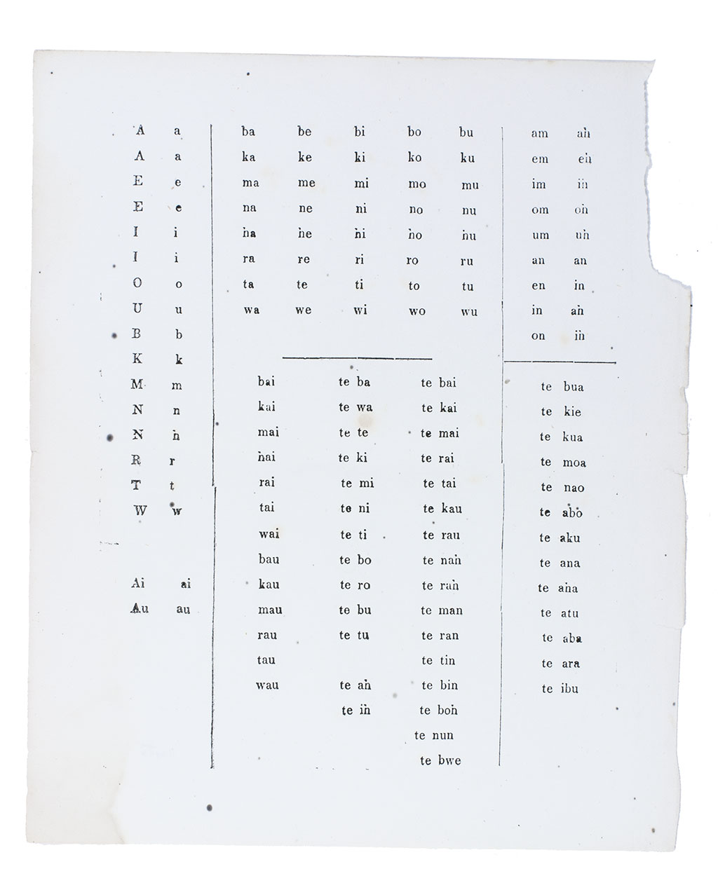 [BINGHAM, Minerva Clarissa (ne Brewster)]. - [Kingsmill primer]. [Ponape Island (Micronesia), Mission Press, 1858]. 4to (24 x 20 cm). Set in roman type with rules dividing the page into 5 compartments.