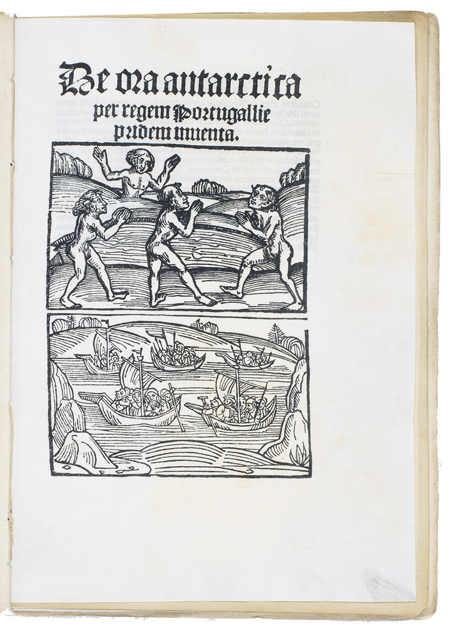 VESPUCCI, Amerigo. - Be [! = De] ora Antarctica per regem Portugallie pridem inventa.[Paris, Tross, 1872]. Facsimile of the 1505 edition with 1 diagram constructed from rules and type. Printed on vellum. Wrapper made from 18th-century French marbled paper backed with (and the book interleaved with) 19th-century wove paper.