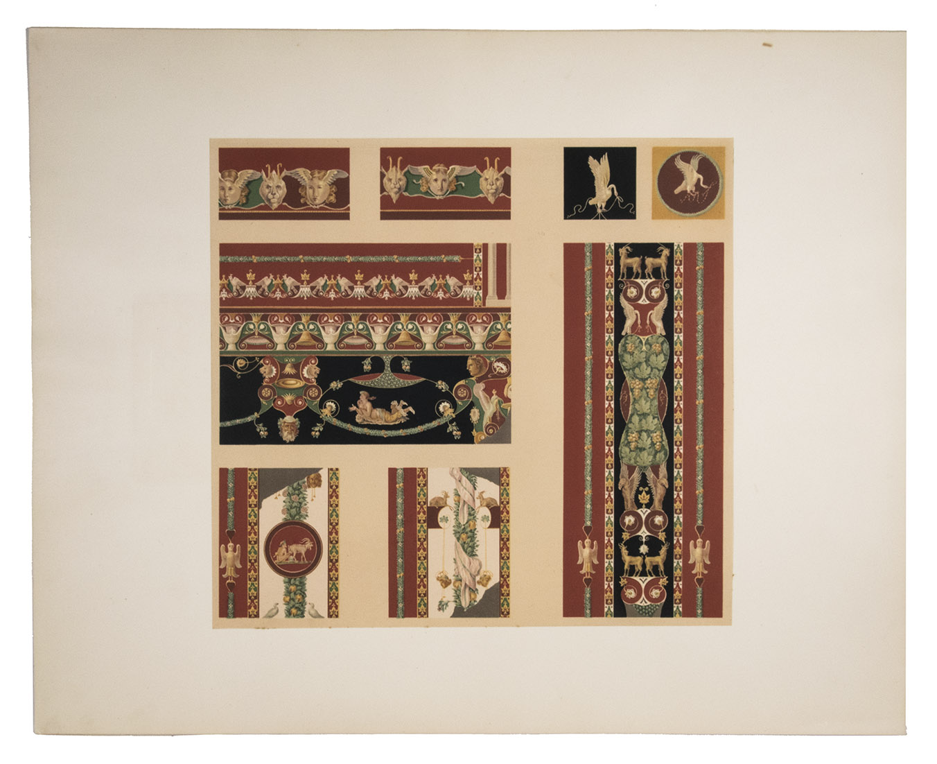 MAU, August. - Geschichte der decorativen Wandmalerei in Pompeji  Mit 20 Tafeln in einer Mappe. Berlin, G. Reimer, 1882. 1 text volume & 1 portfolio with plates. 8vo (text volume) and 1mo (plates portfolio 53 x 43 cm). With 20 large numbered plates showing Pompeii wall paintings in situ, mounted on card stock, loose in a separate portfolio with letterpress title-leaf and contents leaf: 9 sepia collotypes (21 x 16 to 26.5 x 24.5 cm) and 11 chromolithographs (21.5 x 19 to 37 x 36 cm), no. 18 actually comprising 7 small chromolithographs on 1 card, each plate with a letterpress label on the back; and 7 black and white floor plans in the text. Contemporary half sheepskin parchment (text); contemporary blue half cloth portfolio (plates).