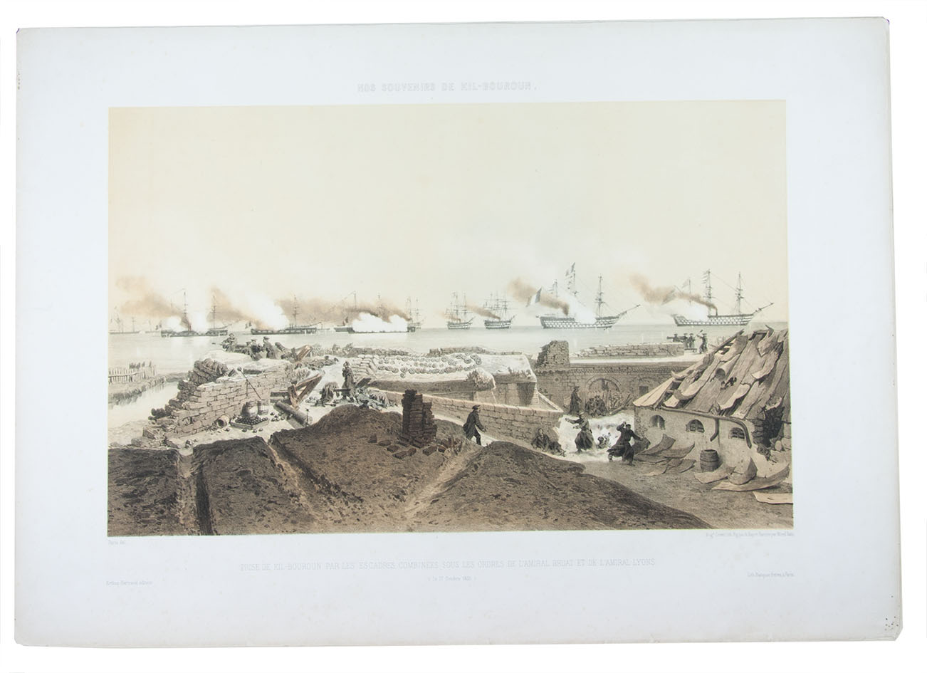 [CRIMEAN WARS]. PARIS, [Edouard?], Adolphe BAYOT, Eugne CICRI, Antoine Lon MOREL FATTO. - Nos souvenirs de Kil-Bouroun pendant l'hiver pass dans le liman du Dnieper 1855-1856.  Album lithographi  Paris, Arthus-Bertrand (printed by Becquet frres), [1856]. 1mo (63 x 46 cm). An album of views, most including ships on the river, from the Battle of Kinburn in the Crimean War, comprising 17 plates: 1 tinted lithographed title-page, 15 tinted and double-tinted lithographed views (image size 30 x 46 cm) and a lithographed map. Many views also coloured by hand. Later half blue cloth portfolio.