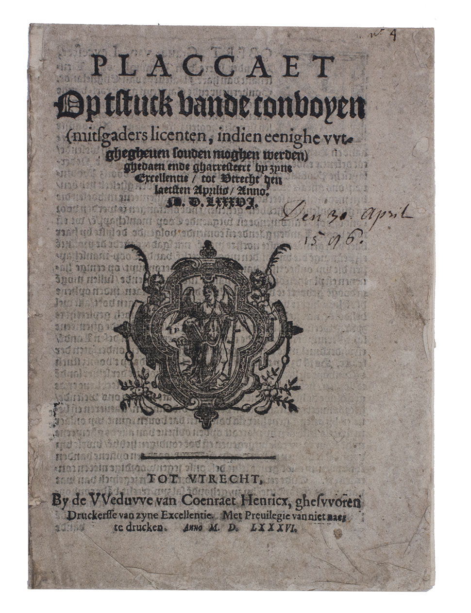 DUDLEY, Robert, Earl of Leicester. - Placcaet op tstuck vande convoyen (mitsgaders licenten, ) ghedaen  by zyne Excellentie, tot Utrecht den laetsten Aprilis, anno. M. D. LXXXVI. Utrecht, widow of Coenraet Henricksz, 1586. With: (2) DUDLEY, Robert, Earl of Leicester. [Incipit:]  Robert, Grave van Leycester , allen  die deze  sullen sien oft hooren lesen saluyt. Alsoo : so ist dat wy  goet  geacht hebben, alle de  lysten vanden goedere[n] gaende naer  vreemde lande[n], , te redigeren en[de] dresseren in ee[n] sijste[! = lijste], .... (Colophon: Utrecht, printed by Hendrick van Borculo, [1586]). 2 works sewn together. 4to. Disbound.