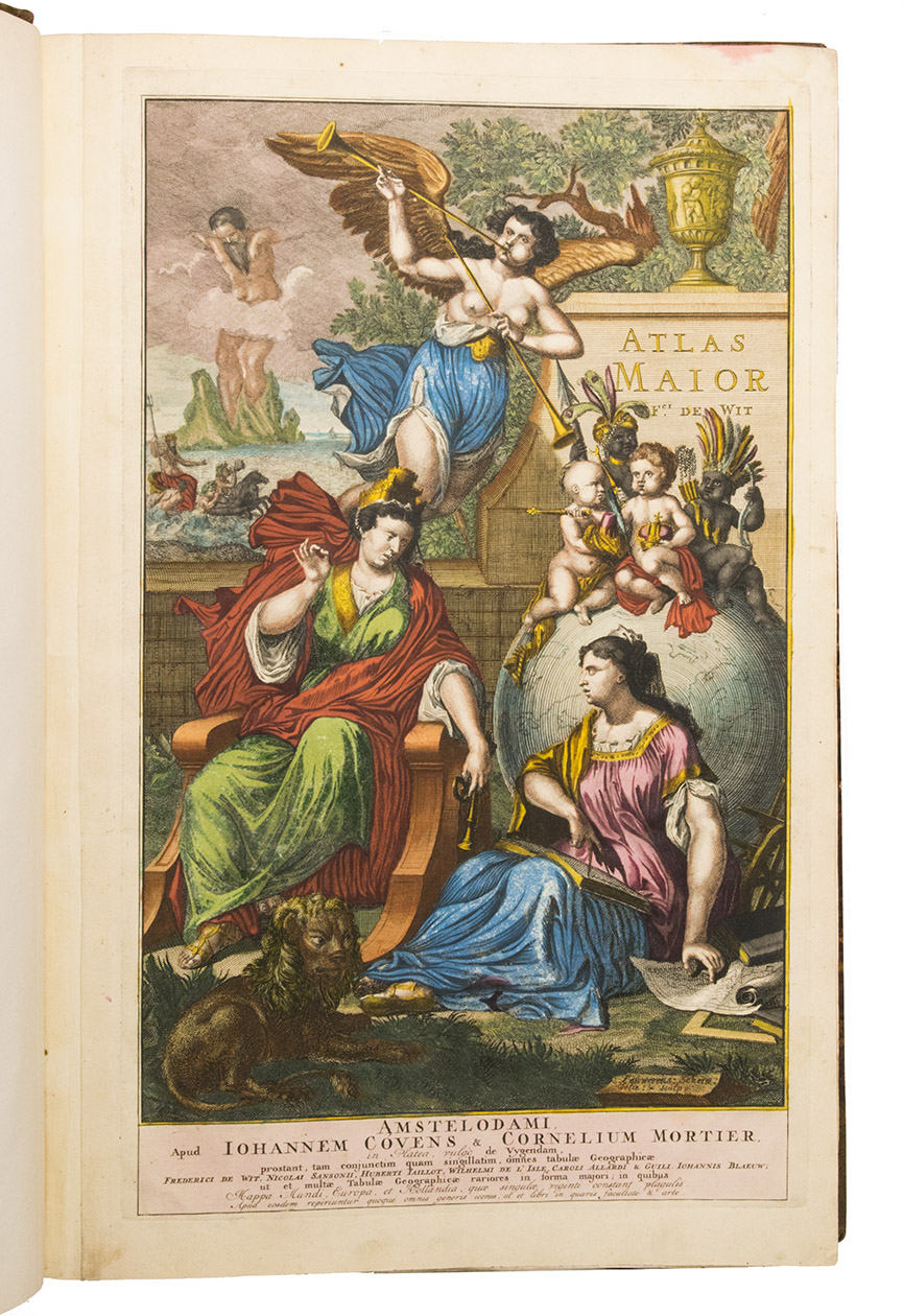 WIT, Frederick de. - Atlas maior. Amsterdam, Johannes Covens & Cornelis Mortier, [ca. 1725]. Imperial folio (53 x 35.5 cm). With engraved title-page and 76 double page (or in 8 cases larger folding) engraved maps, the title-page and all maps and their decorations coloured by a contemporary hand. Half tanned sheepskin (ca. 1900), gold-tooled spine.
