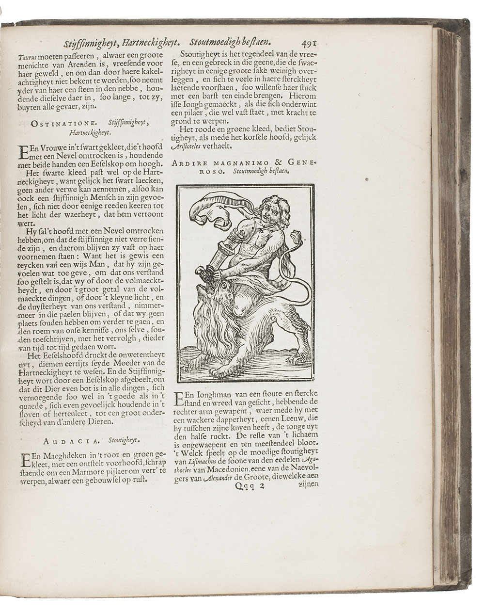 RIPA, Cesare. - Iconologia, of uytbeeldingen des verstands:  Om uyt te drucken, en te vinden, 't begrip van alle sinnebeelden, invallen, devijsen of sinteykenen. Amsterdam, Dirck Pietsz. Pers, 1644. 4to. With engraved allegorical frontispiece and 196 emblematic woodcut illustrations (ca. 8.5 x 6 cm) in the text by Jan Christoffel Jegher. Parchment (ca. 1725?).