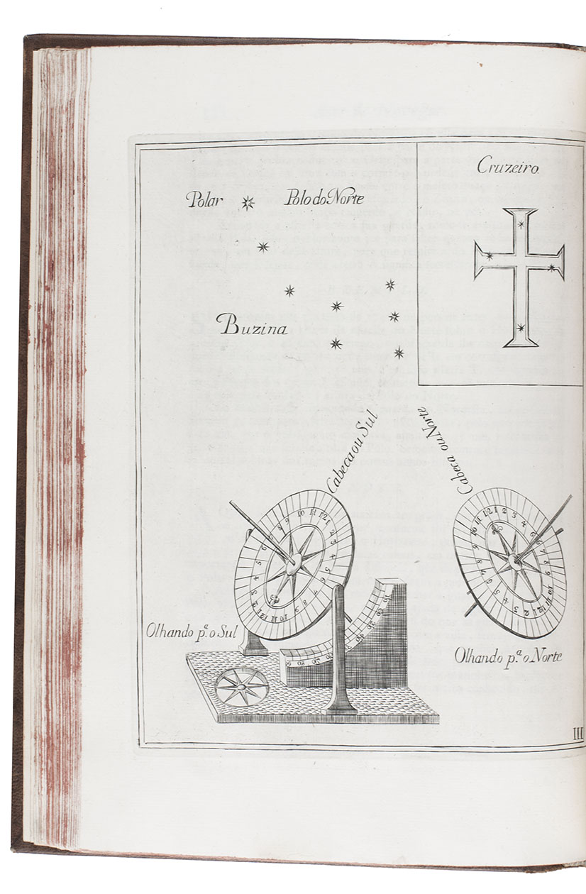 PIMENTEL, Manuel. - Arte de navegar, em que se ensino as regras praticas, e os modos de cartear, e de graduar a Balestilha por via de numeros, e muitos problemas uteis a navegaco, e roteiro das viagens, e costas maritimas de Guine, Angola, Brazil, Indias, e Ilhas Occidentaes, e Orientaes ... Lisbon, Miguel Manescal da Costa, 1762. Folio (30 x 20.5 cm). With 21 engraved plates (1 folding), 1 nearly full-page engraving of a compass rose and about 10 woodcut diagrams in the text. Contemporary or near contemporary tanned sheepskin, richly gold-tooled spine, new endpapers.