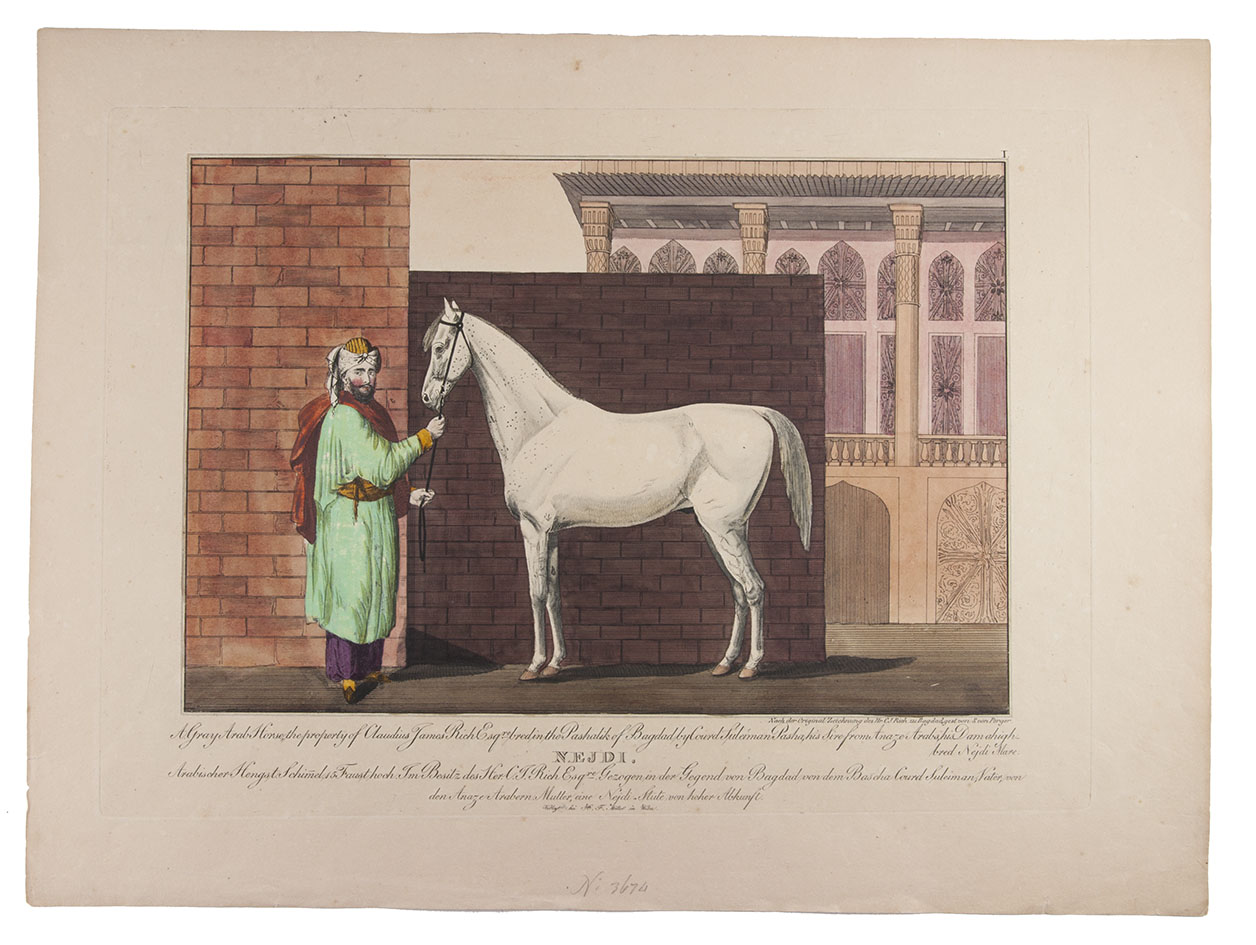 RICH, Claudius James and Siegmund Ferdinand von PERGER. - Sammlung und Darstellung verschiedener Pferde intressanter Zuchten, Landeskarten und Rassen ... Vienna, Mllersche Kunsthandlung, 1815. Oblong folio (31 x 42.5 cm). Engraved print series, including a title-page engraved by Dorneck and 6 numbered engravings of horses engraved by Siegmund Ferdinand von Perger, hand-coloured and loose as issued.
