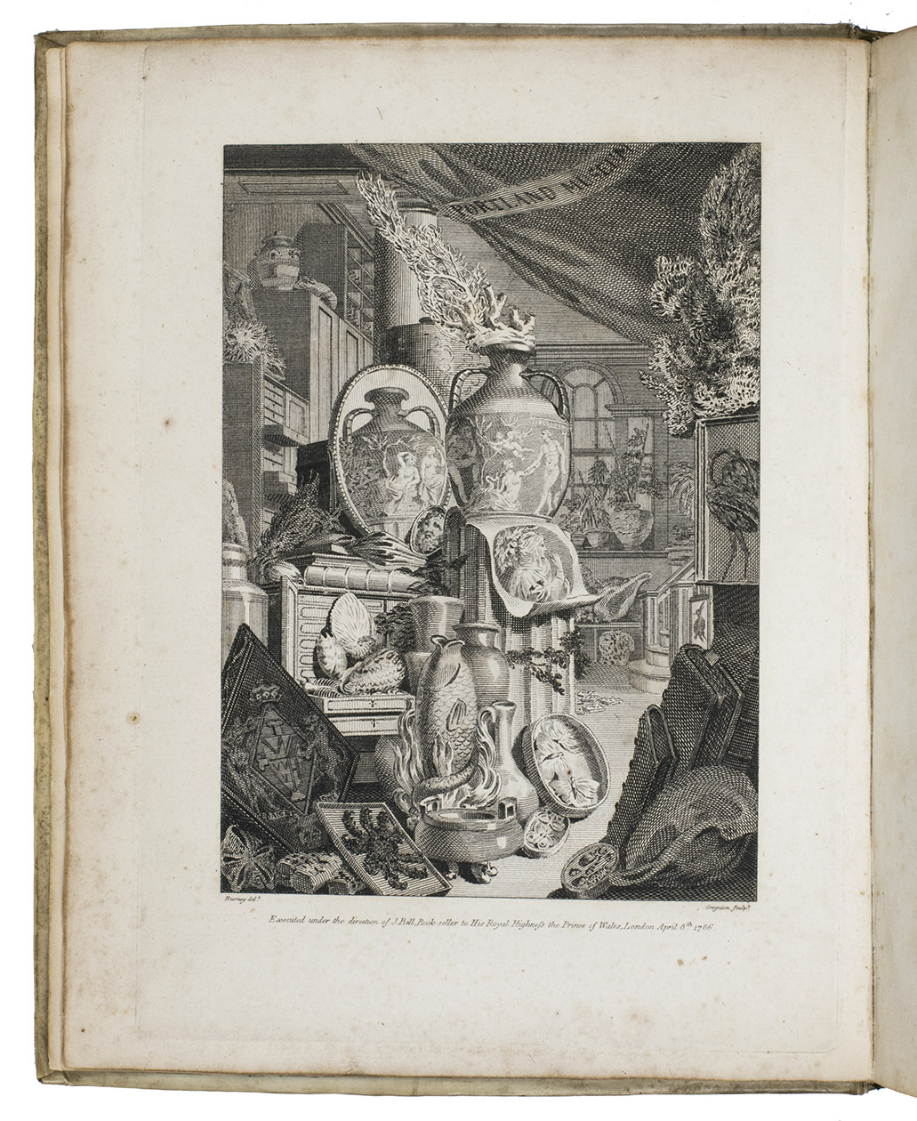 [PORTLAND MUSEUM]. [LIGHTFOOT, John]. - A catalogue of the Portland Museum lately the property of the Duchess Dowager of Portland, deceased: which will be sold by auction ...With: (2) A catalogue of a very valuable collection of cameos, intaglios, and precious stones, and other curiosities; being part of a late much celebrated cabinet, many out of the Arundel collection; which will be sold by auction ...[London, Skinner and Co., 1786]. 2 works in 1 volume. 4to. With full-page engraved frontispiece showing the interior of the Portland Museum with numerous objects from its collection. Contemporary gold-tooled vellum.