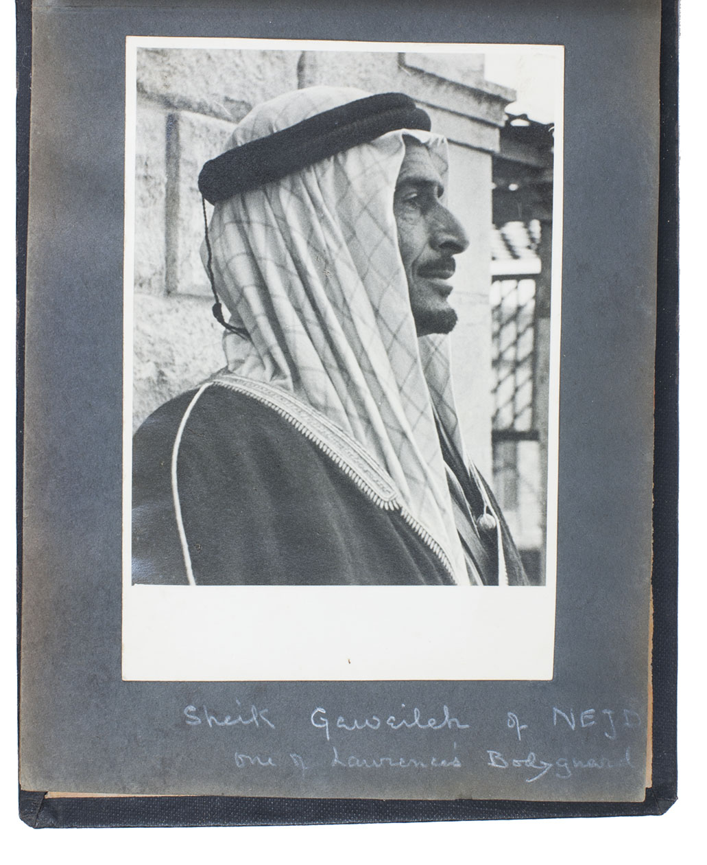 STIRLING, Walter Francis. - Arab Types. Syria, [ca. 1918-ca. 1921]. Oblong album (18 x 26 cm). An album containing 14 black and white photographic portraits (mostly about 17 x 12 cm) plus a smaller print of one. Mounted in a ca. 1930 album of black paper leaves (boards covered with black cloth).