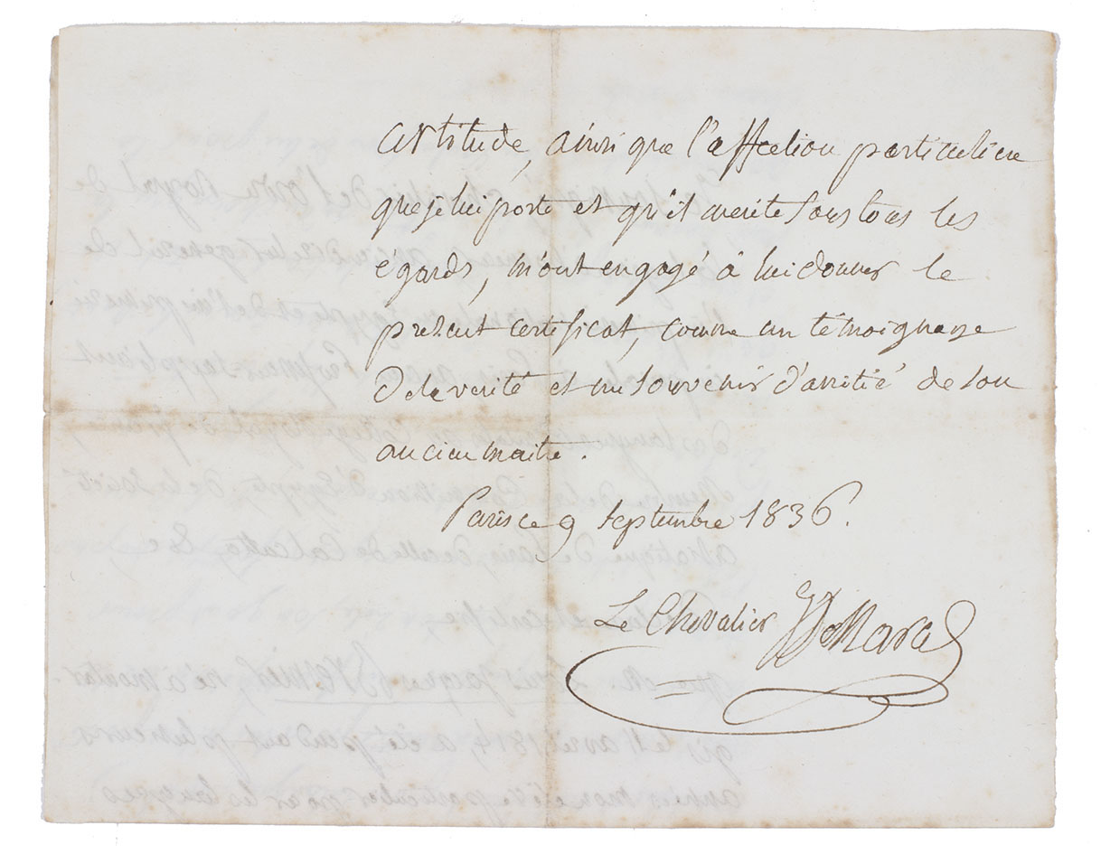 [AUTOGRAPH]. MARCEL, Jean-Joseph. - [Autograph letter, signed, of recommendation for Louis Bresnier].Paris, 9 September 1836. Folio (36 x 23 cm). Letter in brown ink on wove paper.