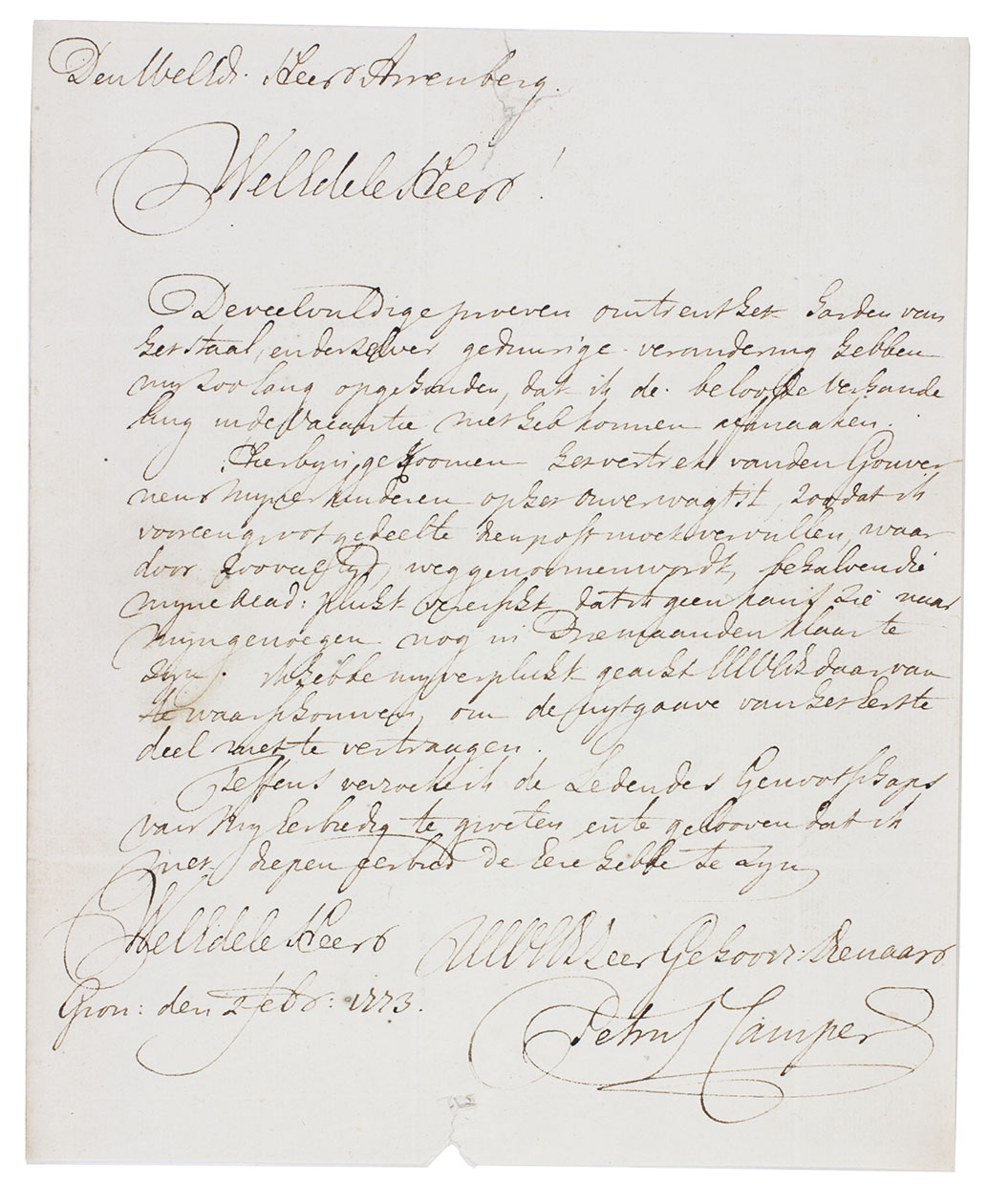 [AUTOGRAPH]. CAMPER, Petrus. - [Autograph letter, signed, to Reinier Arrenberg].Groningen, 2 February 1773. 4to. Brown ink on laid paper, addressed on the outside and with an armorial red wax seal.With: (2) [PORTRAIT]. [PUJOS, Andr]. P. Camper, [Paris, Andr Pujos, 1786]. 4to. Mezzotint portrait on laid paper.