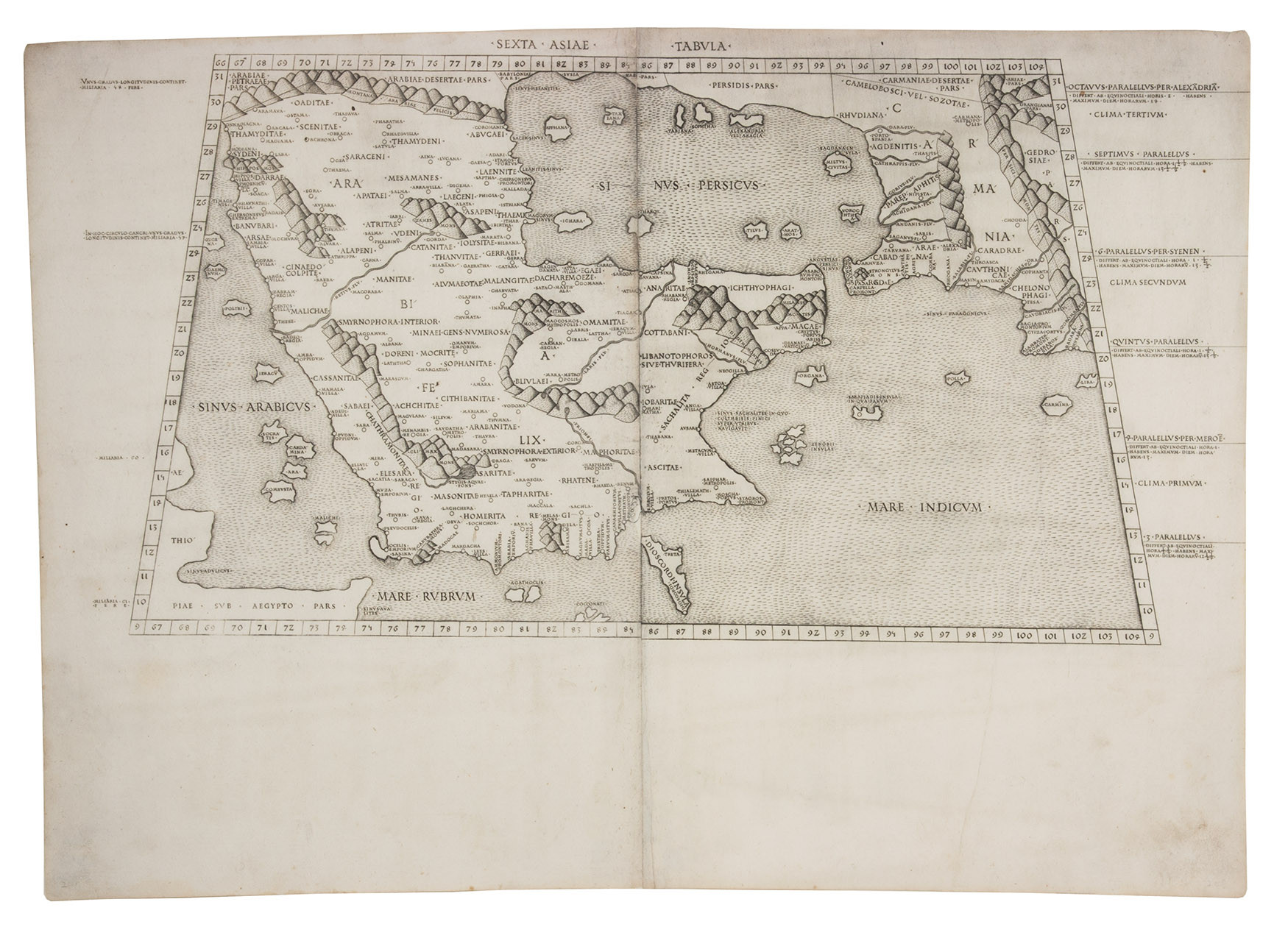 [MAP - ARABIAN PENINSULA]. PTOLEMAEUS, Claudius. - Sexta Asiae tabula.[Rome, Petrus de Turre, 1490 (engraved Rome, ca. 1478)]. Engraved map of the Arabian peninsula (topographic image 25.5 x 46 cm) printed, as usual, on two joined folio leaves (together 39.5 x 56 cm). Mounted on paper board, in a modern gilt frame (50.5 x 67 cm).