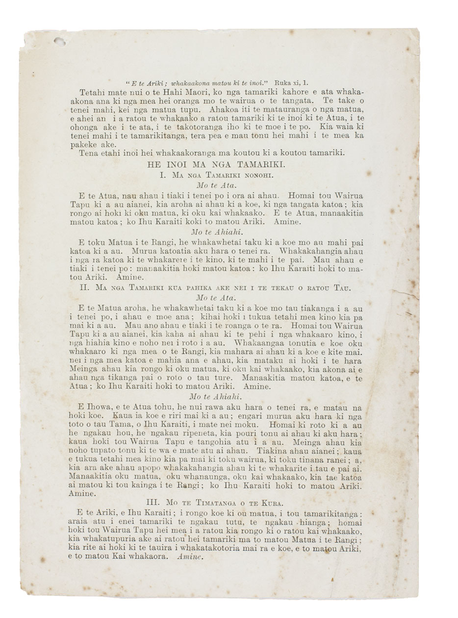 [PRAYERS - CHRISTIAN - MAORI]. - He inoi ma nga tamariki.[Napier?, printed by Robert Coupland Harding?, 1889?]. 8vo (18 x 12.5 cm). Single leaf, printed on 1 side.