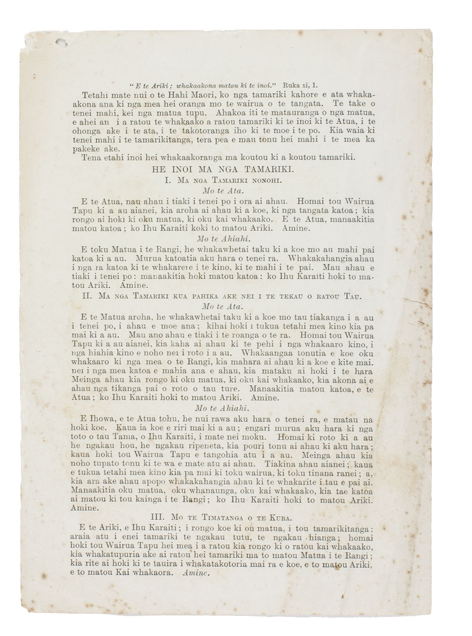 [PRAYERS - CHRISTIAN - MAORI]. - He inoi ma nga tamariki.[Napier?, printed by Robert Coupland Harding?, 1889?]. 8vo (18 x 12.5 cm). Single leaf, printed on 1 side.