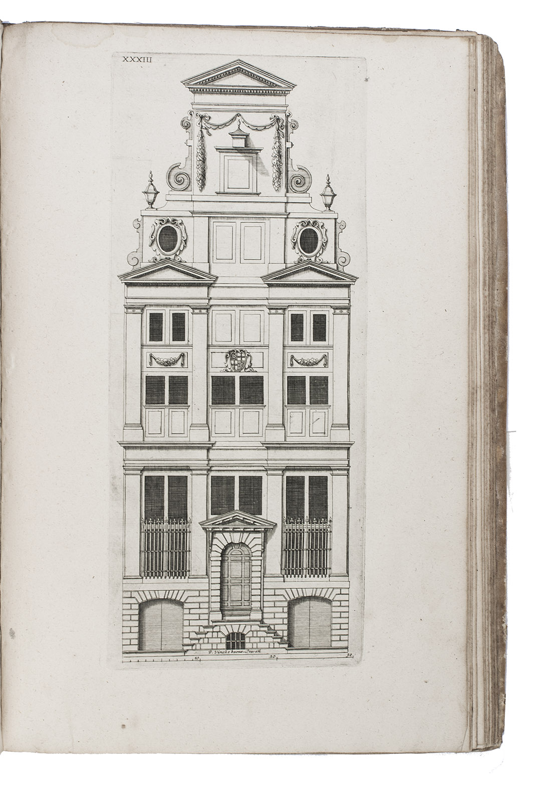 VIGNOLA, Giacomo Barozzi da. - Regola delli cinque ordini d'architettura ... | Regel vande vijf ordens der architecture ... | Reigle des cinq ordres d'architecture  | The rule of the V. orders of architecture  Utrecht, Crispijn van de Passe, 1629. With:(2) VIGNOLA, Giacomo Barozzi da. La ii parte dell architetura dell Vignola e'altri famossi architetti | Het tweede deel van de architectura [Amsterdam, Johannes Jansonius and Jan van Hilten?, ca. 1642].(3) PASSE, Crispijn van de. Oficina arcularia in qua sunt ad spectantia diversa eximia exempla... | Bouticque menuserie ... | Schriner Laden ... | Schrinwerckers winckel. Amsterdam, Crispijn van de Passe, 1642. 3 complementary works in 1 volume. Folio. Ad 1: with a full-page engraved author's portrait and 42 numbered engraved plates, versos with letterpress text in Italian, Dutch, French, and German and/or English. Plates III and XXXIIII are cancels. Ad 2: with an engraved title page and 42 numbered engraved plates. Plates 1-13 with letterpress text printed on the verso describing the facing page. Ad 3: with an engraved title-page and 46 engraved plates. Contemporary vellum.