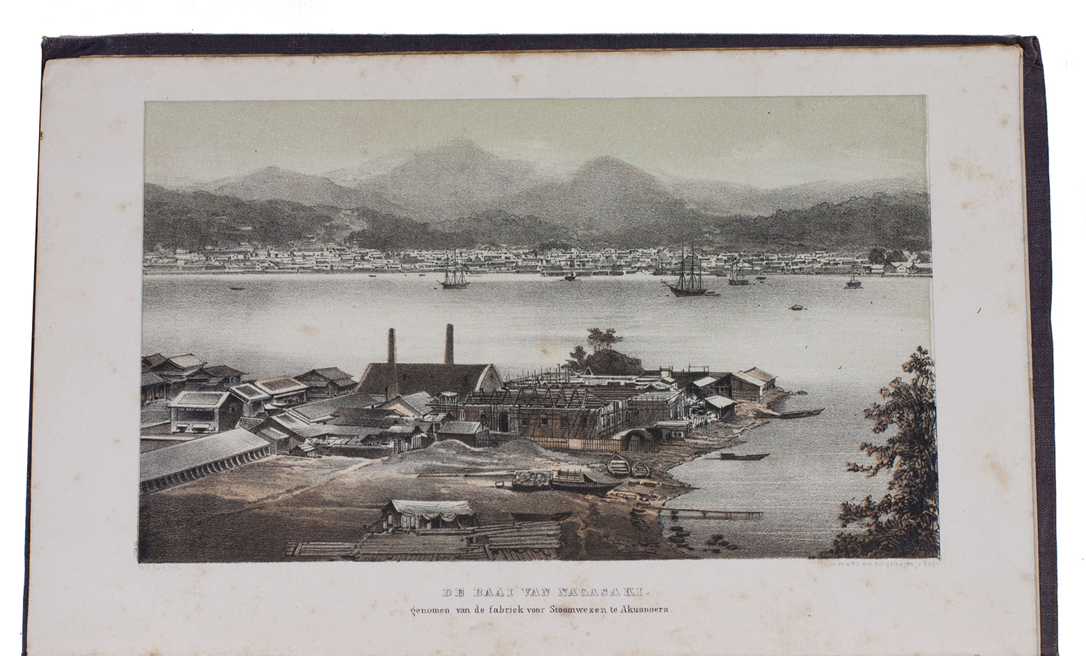 POMPE VAN MEERDERVOORT, Johan Lidius Cathrinus. - Vijf jaren in Japan. (1857-1863.) Bijdragen tot de kennis van het Japansche Keizerrijk en zijne bevolking. ... Leiden, Van den Heuvel and Van Santen, 1867-1868. 2 volumes. 8vo. Each volume with a different double-tinted lithographed view as frontispiece, further with a large folding tinted lithographed map of Japan and the Chinese coast, 2 lithographed views and 10 chromolithographed costume plates by P.W.M. Trap (the chromolithographs finished by hand). Original publisher's blind- and gold-blocked maroon cloth, marbled edges, green ribbon markers.