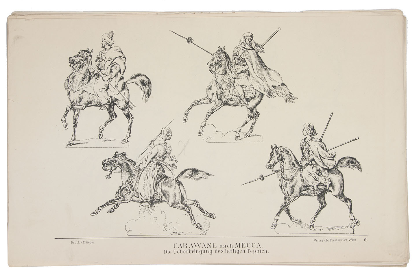 [MECCA - PAPER CARAVAN CUT-OUTS]. - Carawane nach Mecca. Vienna, Matthias Trentsensky (printed by E. Sieger), ca. 1855. Oblong folio (25 x 40 cm). With 19 (of 24) numbered leaves containing about 135 lithographic pen-drawings, each drawing including a base so that one can cut them out, paste them on card stock, stand them up and arrange them in three-dimensional scenes. Loose leaves in a later paper folder.