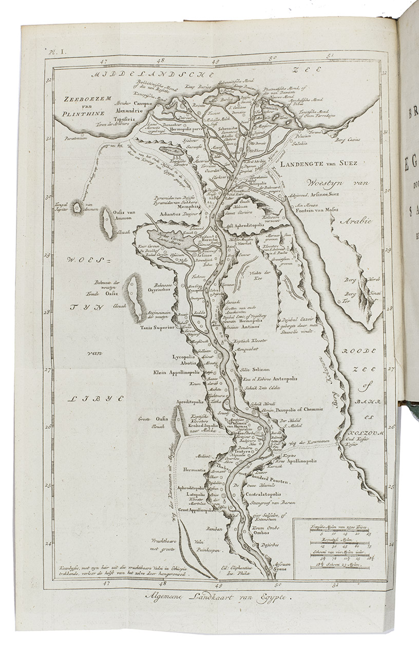 SAVARY, (Nicolas) Claude tienne. - Brieven over Egypte. Amsterdam, Martinus de Bruyn, 1788-1789. 3 volumes. 8vo. With 4 numbered engraved folding plates, including maps of Egypt and northern Egypt, a plan of Alexandria, and a cross-section of the Great pyramid. Contemporary mottled calf, richly gold-tooled spines and binding edges.