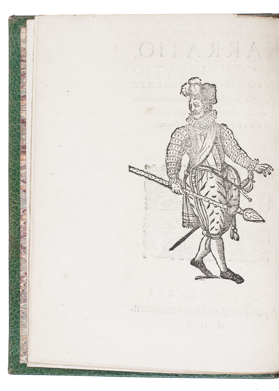 DRAKE, Francis (subject). - Brevis & fida narratio, et continuatio rerum omnium a Drako et Norreysio (post ex Occidentalibus Insulis, reditum) in sua expeditione Portugallensi singulis diebus gestarum.Frankfurt am Main, Paul Brachfeldt, 1590. 4to. With the woodcut arms on the title-page, the upper related to that of Queen Elizabeth of England and the lower that of King Philip I of Portugal (Philip II of Spain), each supported by putti, a full-page woodcut standing soldier with sword and spear, perhaps intended as Francis Drake. Gold-tooled green morocco (2nd half of 19th century).