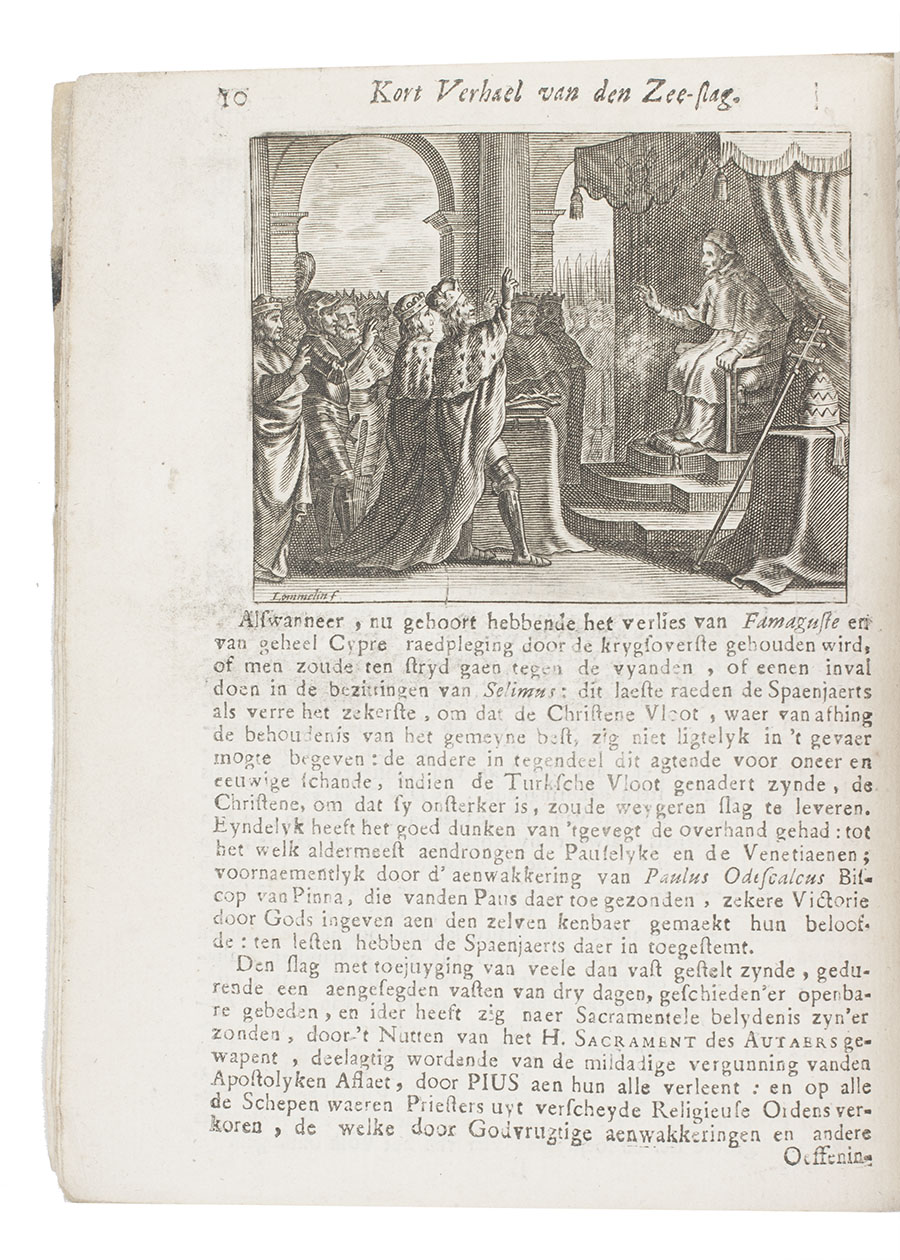 [MARITIME HISTORY]. - Beschryving van de konstryke verciering en voortreffelyken toestel, ... ter gelegentheyd van het twee honderd-jaerig jubil van de ... victorie, ... over een veel talryker Turksche vloot by Lepanten in 't jaer 1571. den 7. October, gemeenelijk genaemd, den zeeslag van Don Jean, van Oostenrijk, ... van den 6. tot den 13. October, van dit ... jubeljaer [chronogram 1771].Antwerp, Pieter Johannes Parys, (approbation: 1771). 4to. With 3 engraved illustrations in the text. Lacking the integral frontispiece. 19th-century chemical-marbled glazed paper wrappers.
