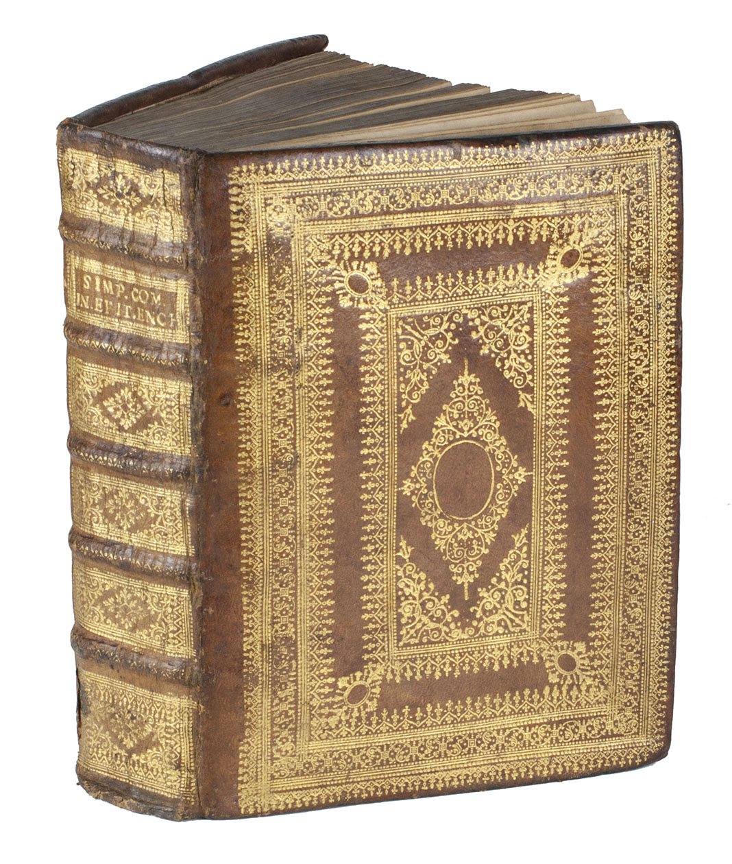 SIMPLICIUS of Cilicia. - Commentarius in Enchiridion Epicteti, ex libris veteribus emendatus. Cum versione Hieronymi Wolfii, et Cl. Salmasii animadversionibus, et notis quibus Philosophia Stoica passim explicatur & illustratur.Leiden, Johannes Maire, 1640. 4 parts in 1 volume. 4to. With three title-pages. Set in roman, Greek and Arabic types. Contemporary French pointill binding in the style of 