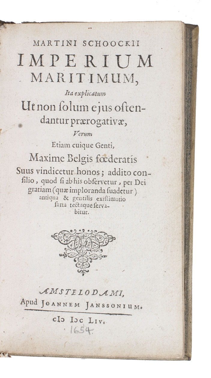 SCHOOCK, Martinus. - Imperium maritimum.Amsterdam, Johannes Janssonius, 1654. 12mo. With woodcut vignette on title-page. Contemporary sheepskin parchment.