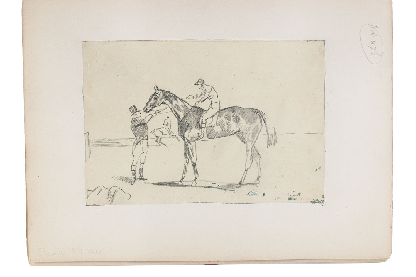 HALL, Harry (by and/or after), and others. - Segrare i Derby & Oaks [Winners at the Derby & Oaks].[England and/or Sweden], ca. 1835?-ca. 1855. 4to (24.5 x 18 cm). 36 pencil drawings of English thoroughbred race horses (7.5 x 11.5 to 11 x 16 cm), 1 finished in ink washes and a few touched up with white or light brown. Each drawing mounted on (or occasionally drawn on) a card, loose in a Swedish blind-blocked, textured red cloth portfolio (ca. 1860?).